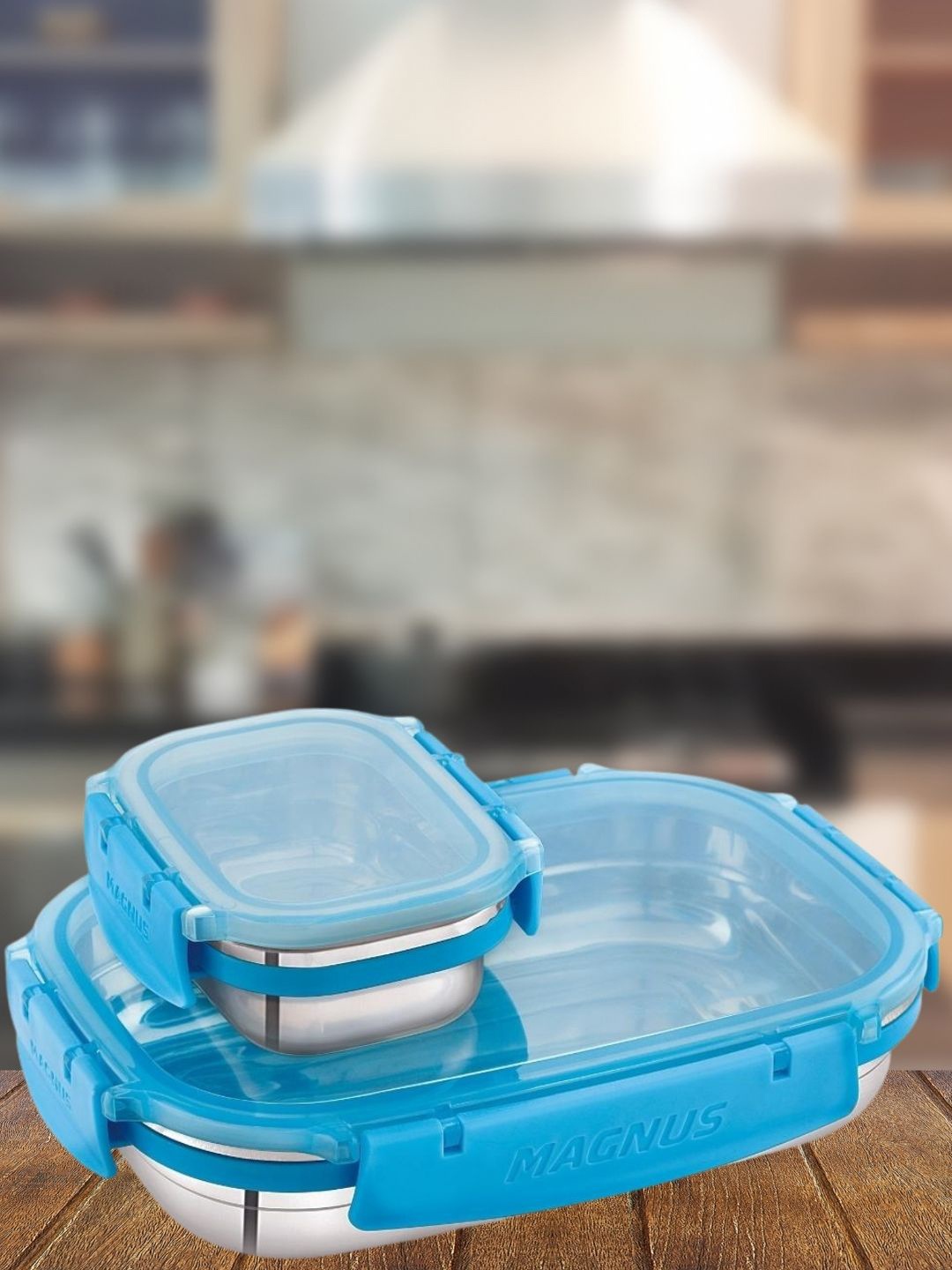 

MAGNUS Unisex Blue & Silver-Toned Deluxe Airtight & Leakproof Stainless Steel Lunch Box