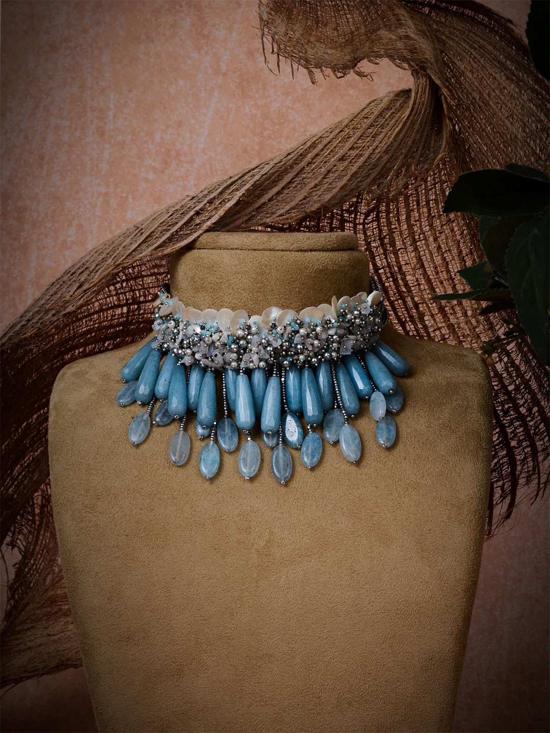 

D'oro Blue Gold-Plated Pearls & Stone Studded Choker Necklace
