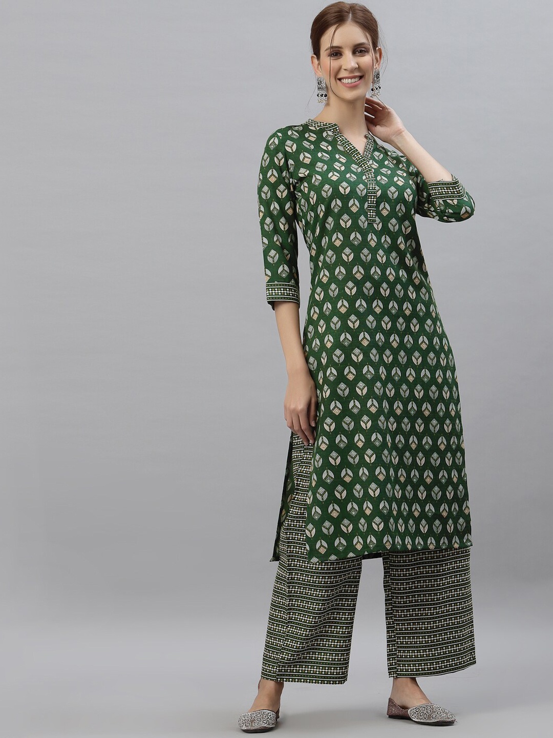 

KALINI Women Green & White Printed Kurta with Palazzos