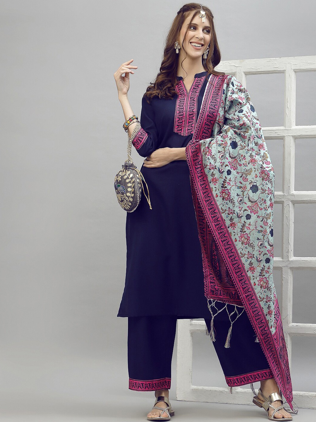 

KALINI Women Navy Blue Ethnic Motifs Embroidered Kurta with Palazzos & With Dupatta