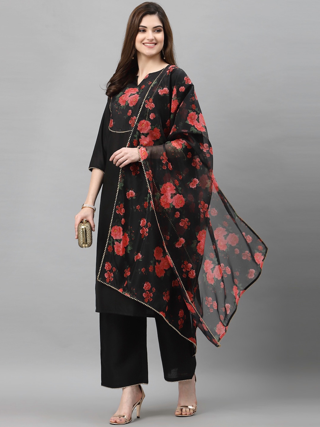 

KALINI Women Black Floral Yoke Design Gotta Patti Kurta With Trousers & Dupatta