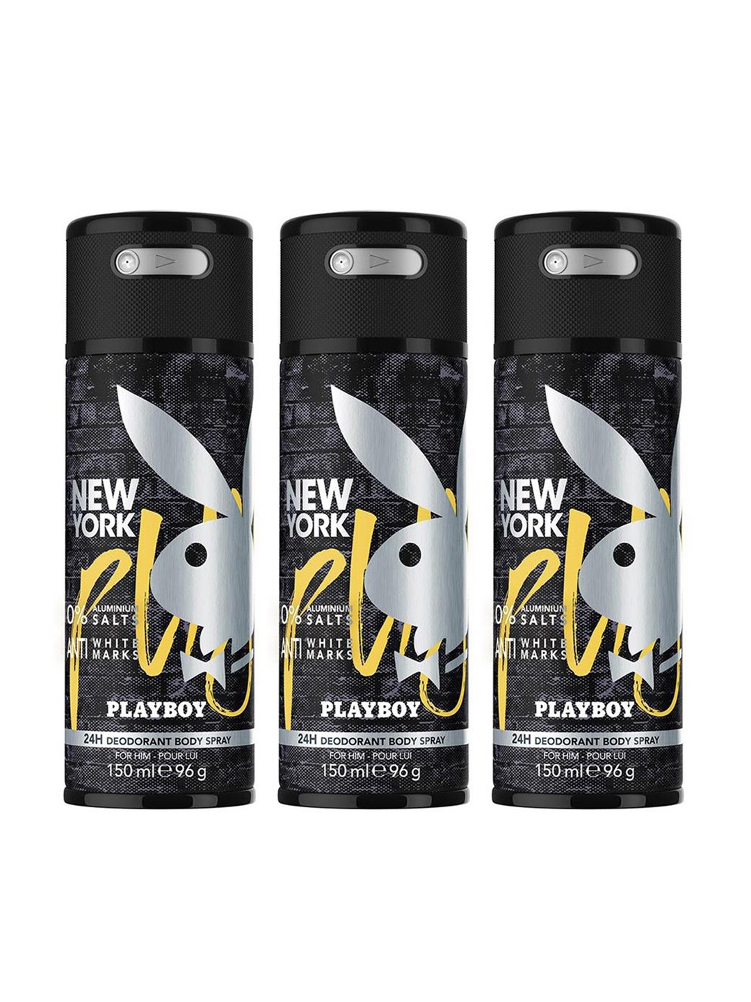 Playboy Men Set of 3 New York Deodorant Spray 150 ml each, Black