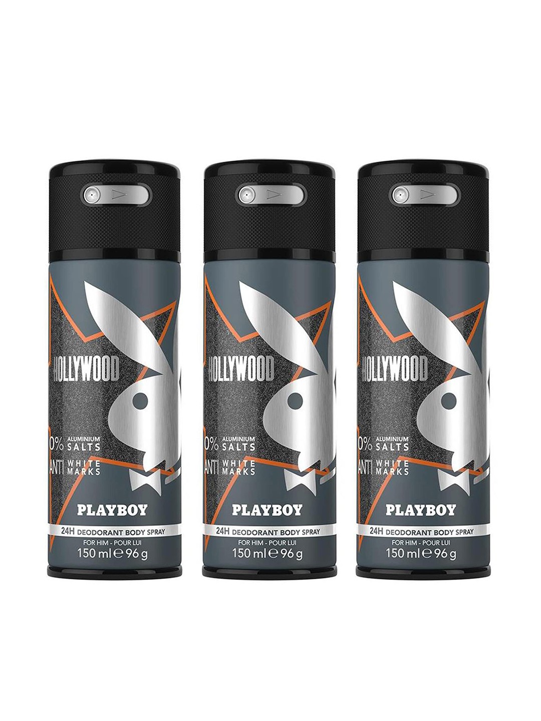 

Playboy Men Set of 3 Hollywood Deodorant Spray 150 ml each, Grey