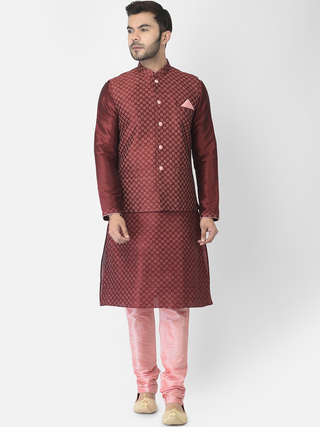 

DEYANN Men Maroon & Pink Dupion Silk Kurta with Churidar & With Nehru Jacket