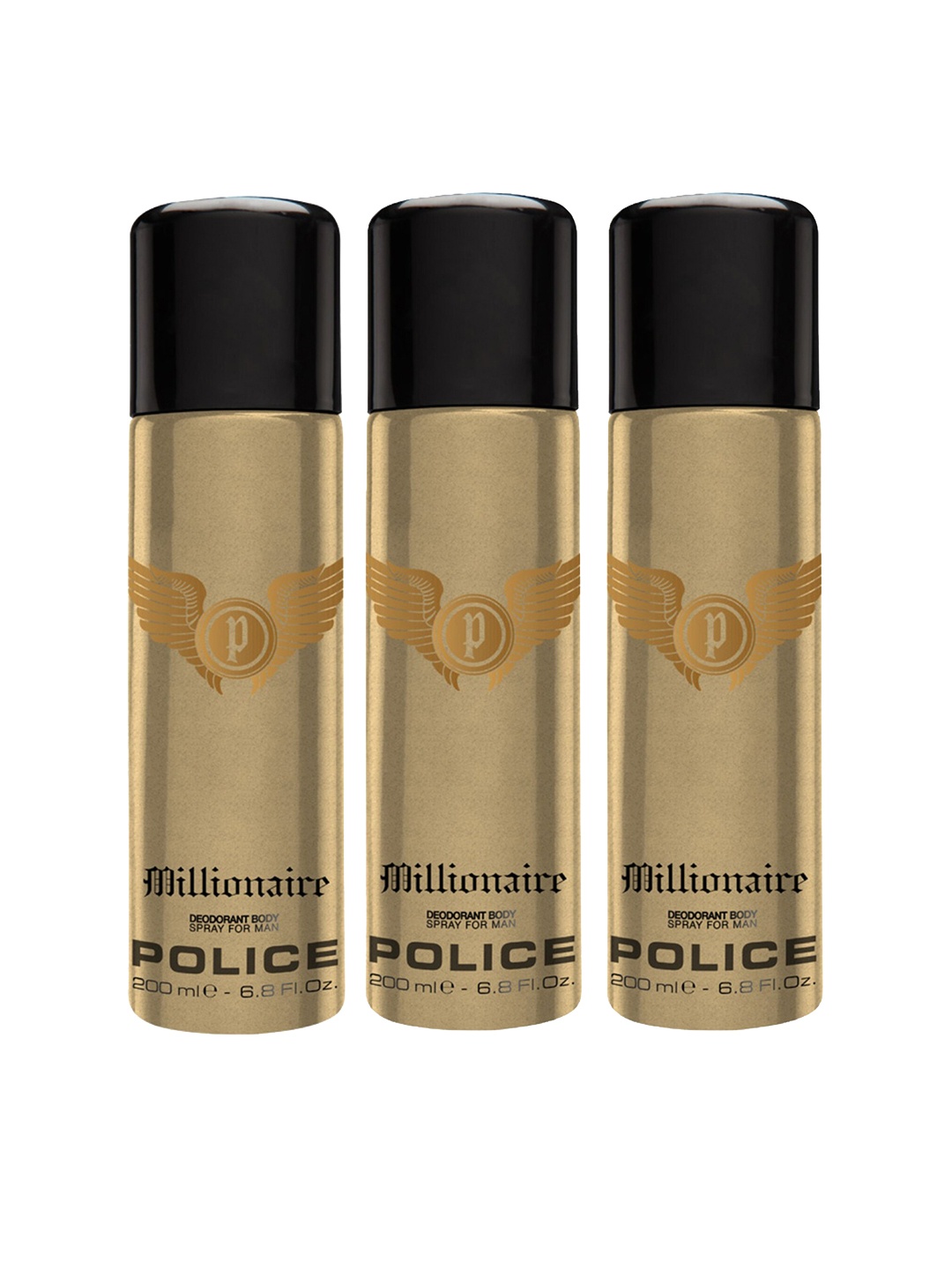 

Police Men Set of 3 Millionaire Deodorant Body Spray - 200 ml Each, Gold