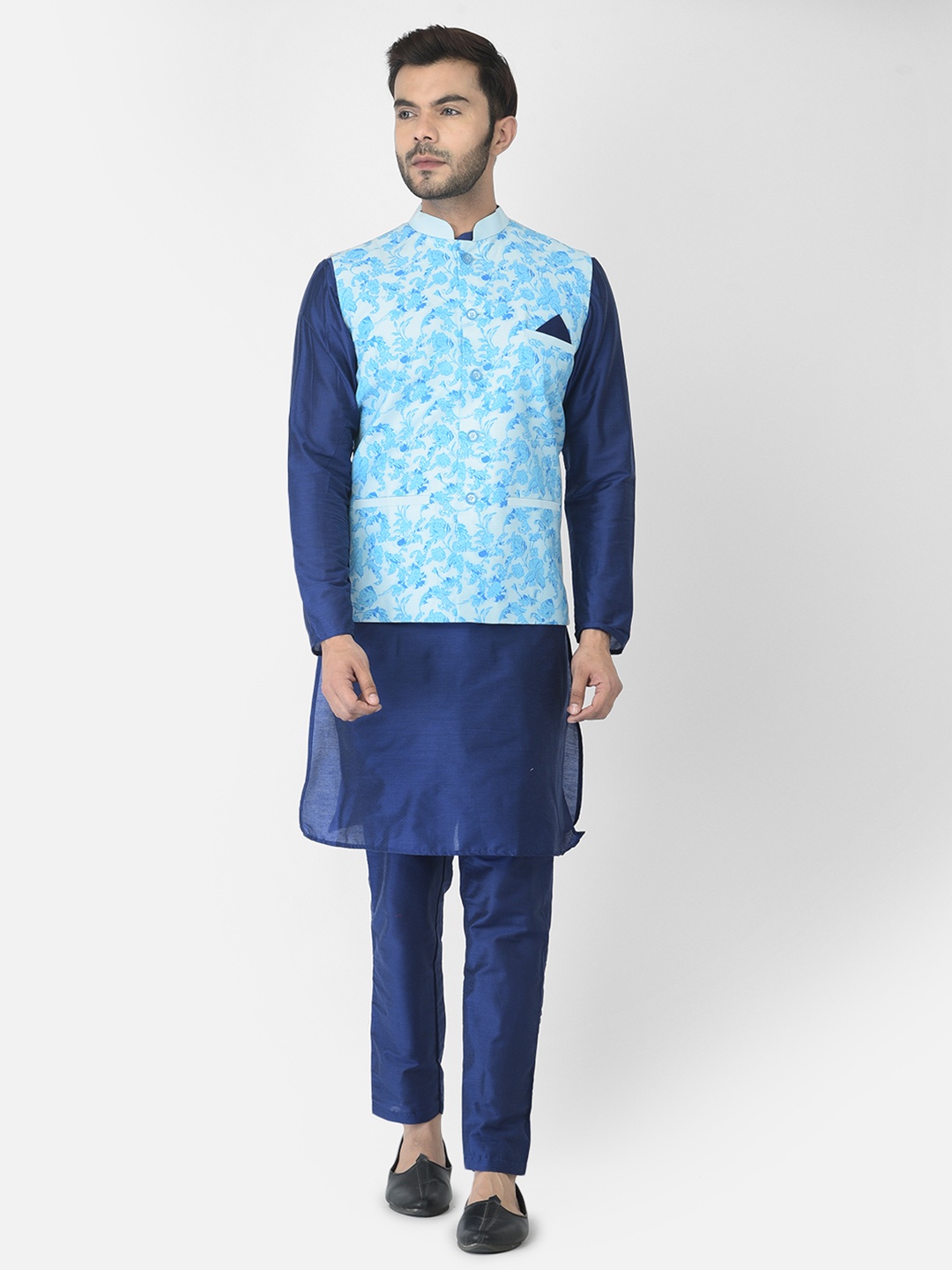 

DEYANN Men Blue Floral Kurta with Pyjamas & Nehru Jacket