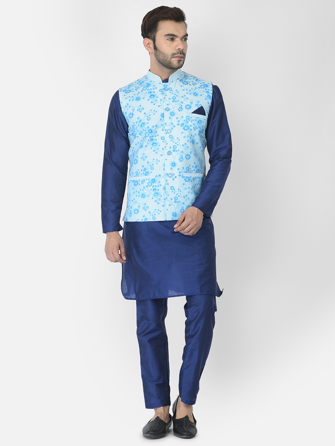

DEYANN Men Blue Floral Layered Kurta with Pyjamas