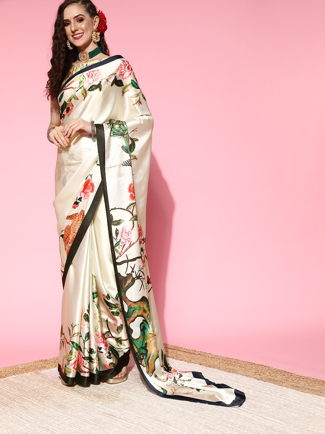 

mokshi Floral Satin Saree with Solid border, Cream