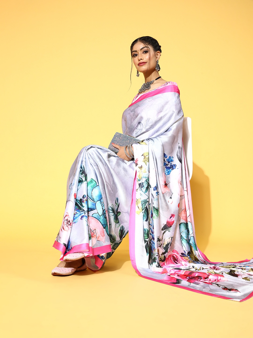 

mokshi Floral Satin Saree With Solid Border, White