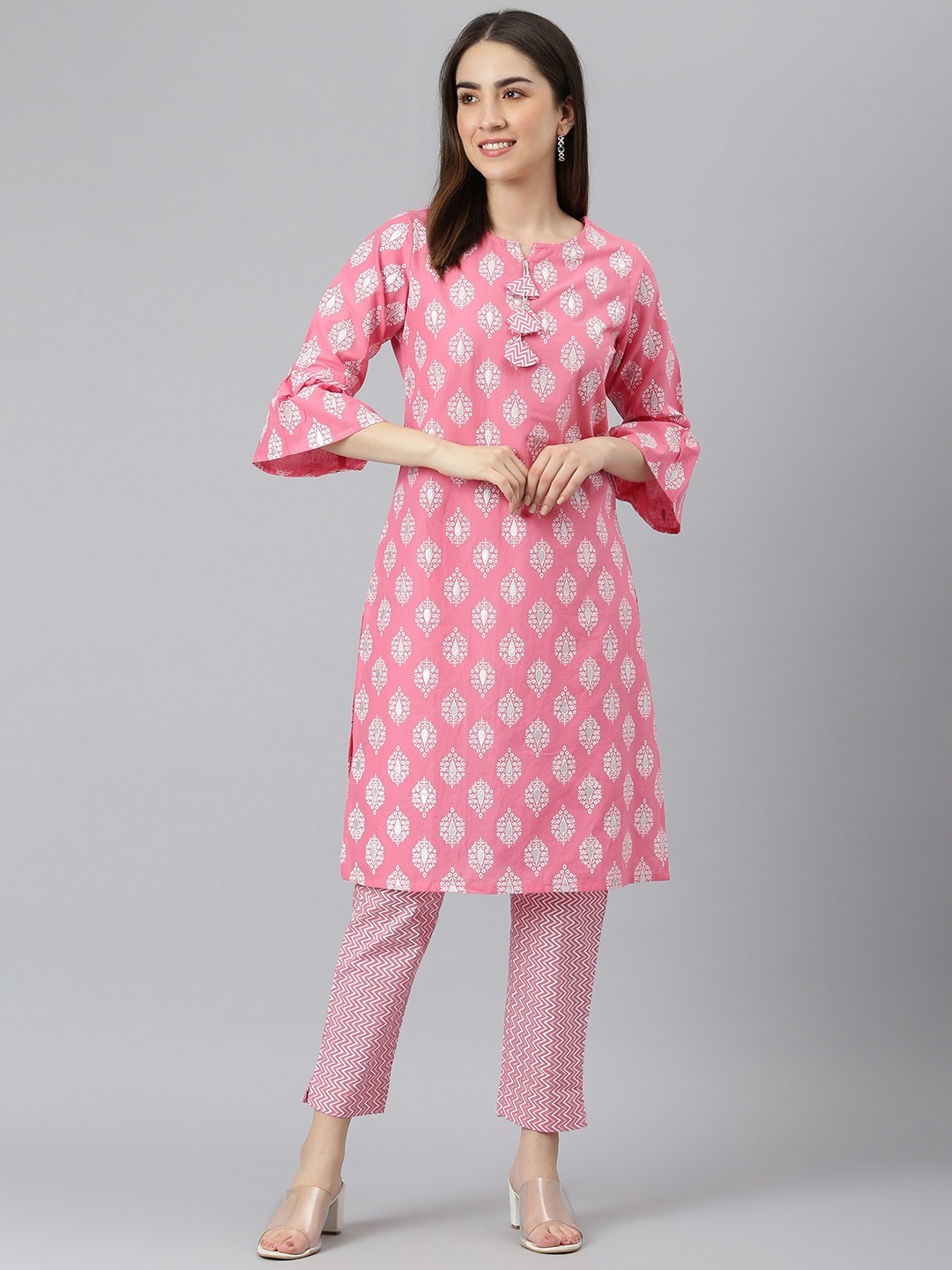 

DESI BEATS Women Pink Ethnic Motifs Printed Pure Cotton Kurta with Trousers