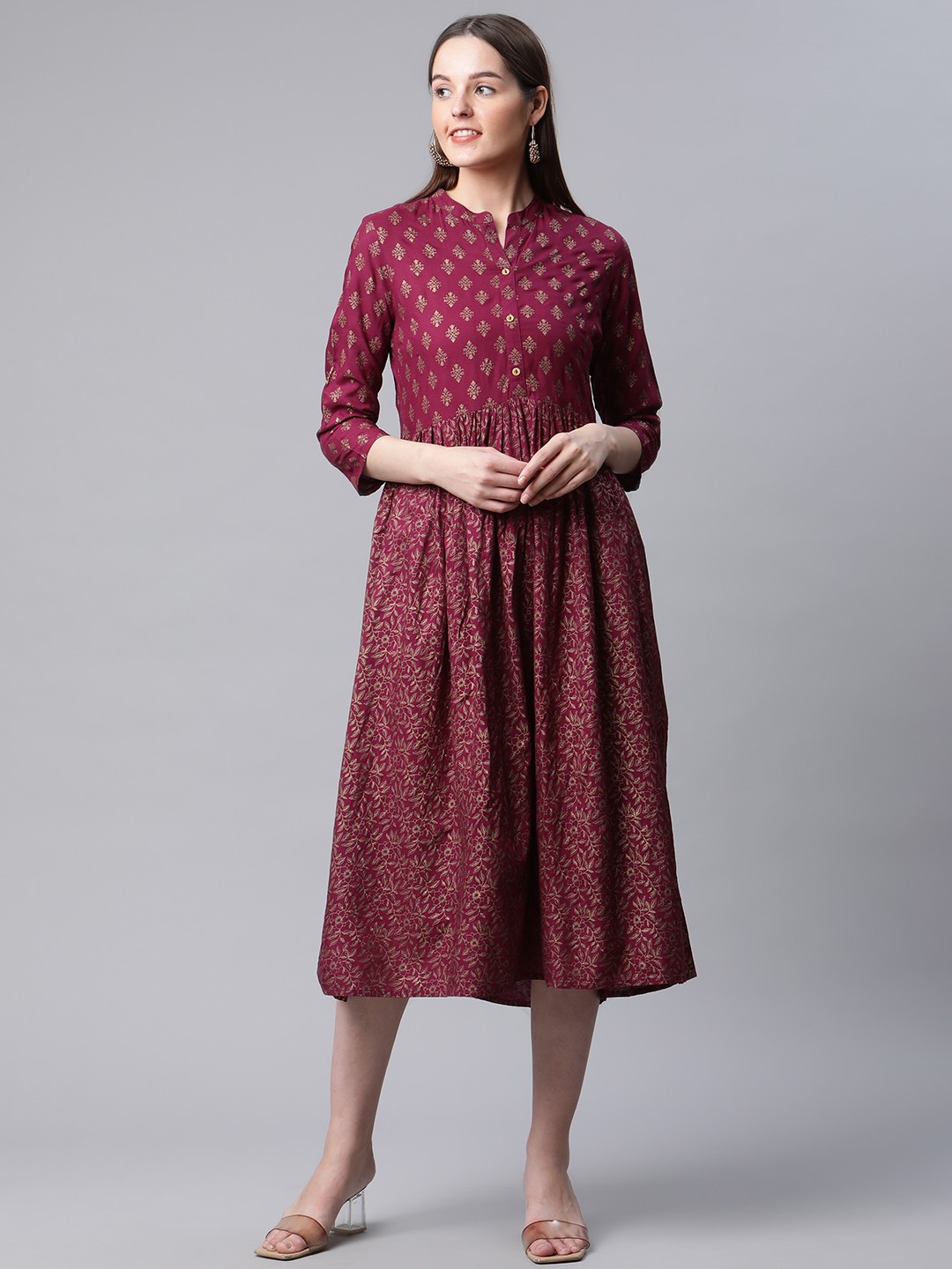

DESI BEATS Magenta Ethnic Motifs A-Line Midi Dress