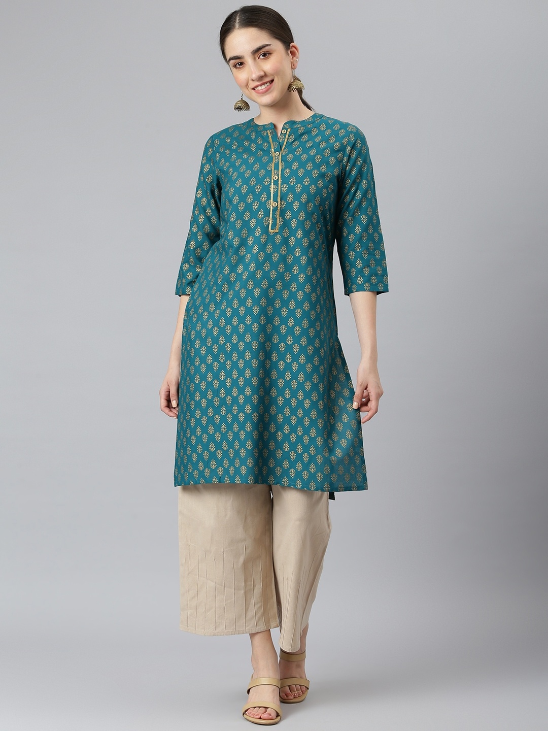 

DESI BEATS Women Teal Green Ethnic Motifs Printed Gotta Patti Kurta
