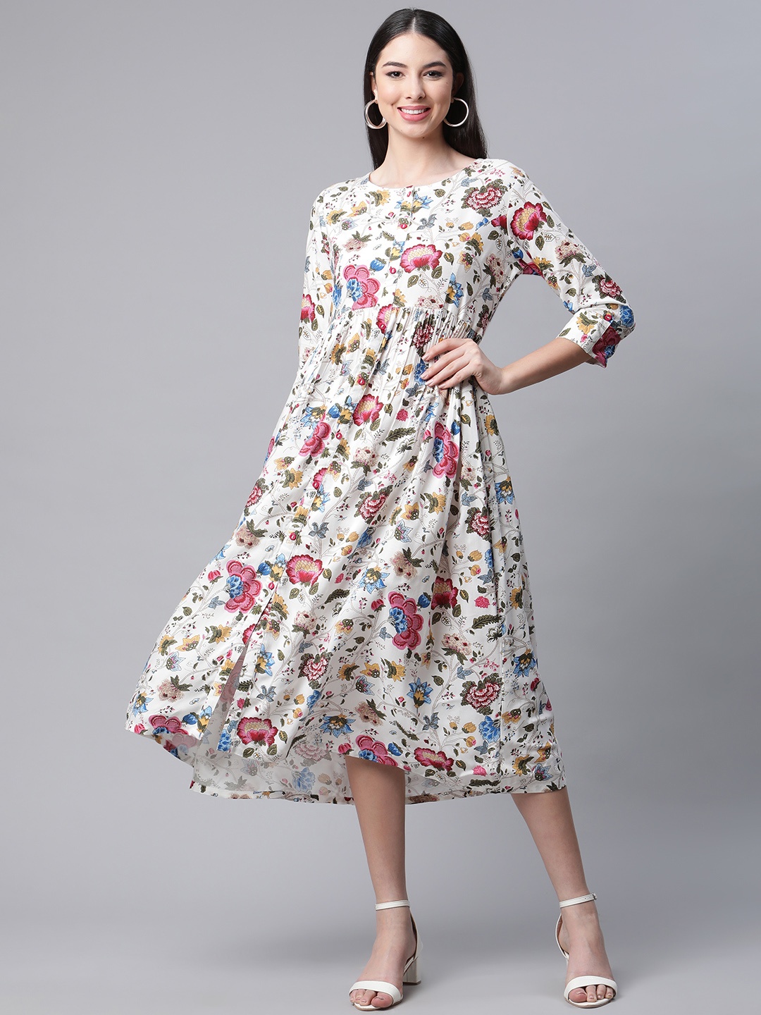 

DESI BEATS White & Pink Floral A-Line Midi Dress