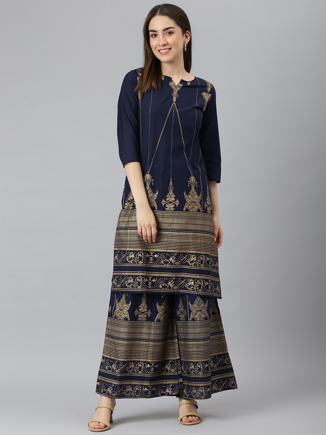 

DESI BEATS Women Blue Ethnic Motifs Printed Pure Cotton Kurta with Palazzos