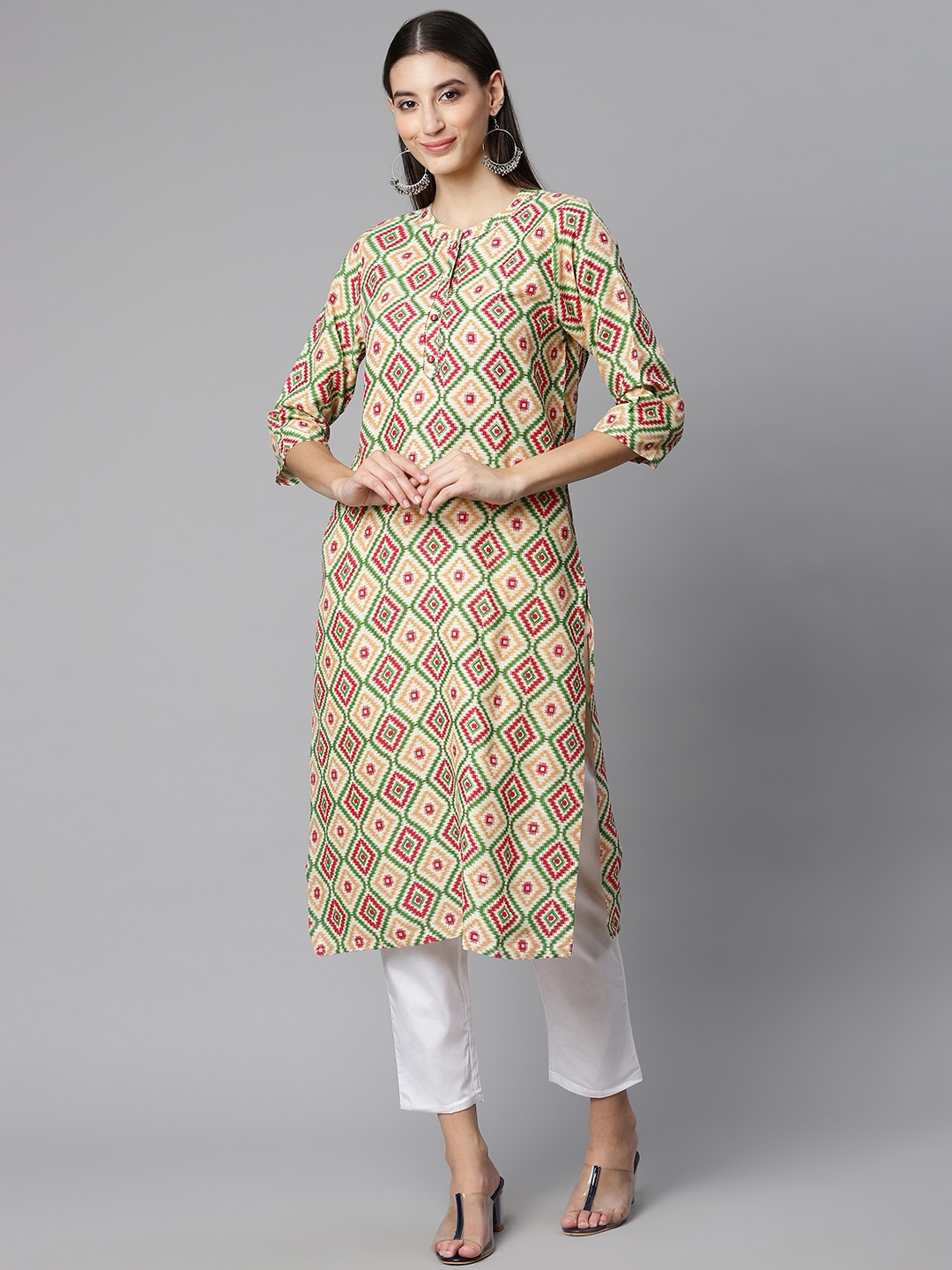 

DESI BEATS Women Beige & Green Ethnic Motifs Printed Kurta