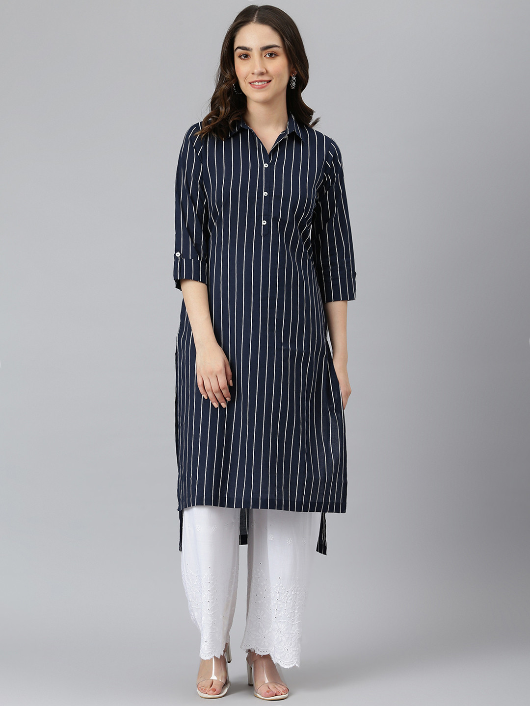 

DESI BEATS Women Black & White Striped Pure Cotton Kurta