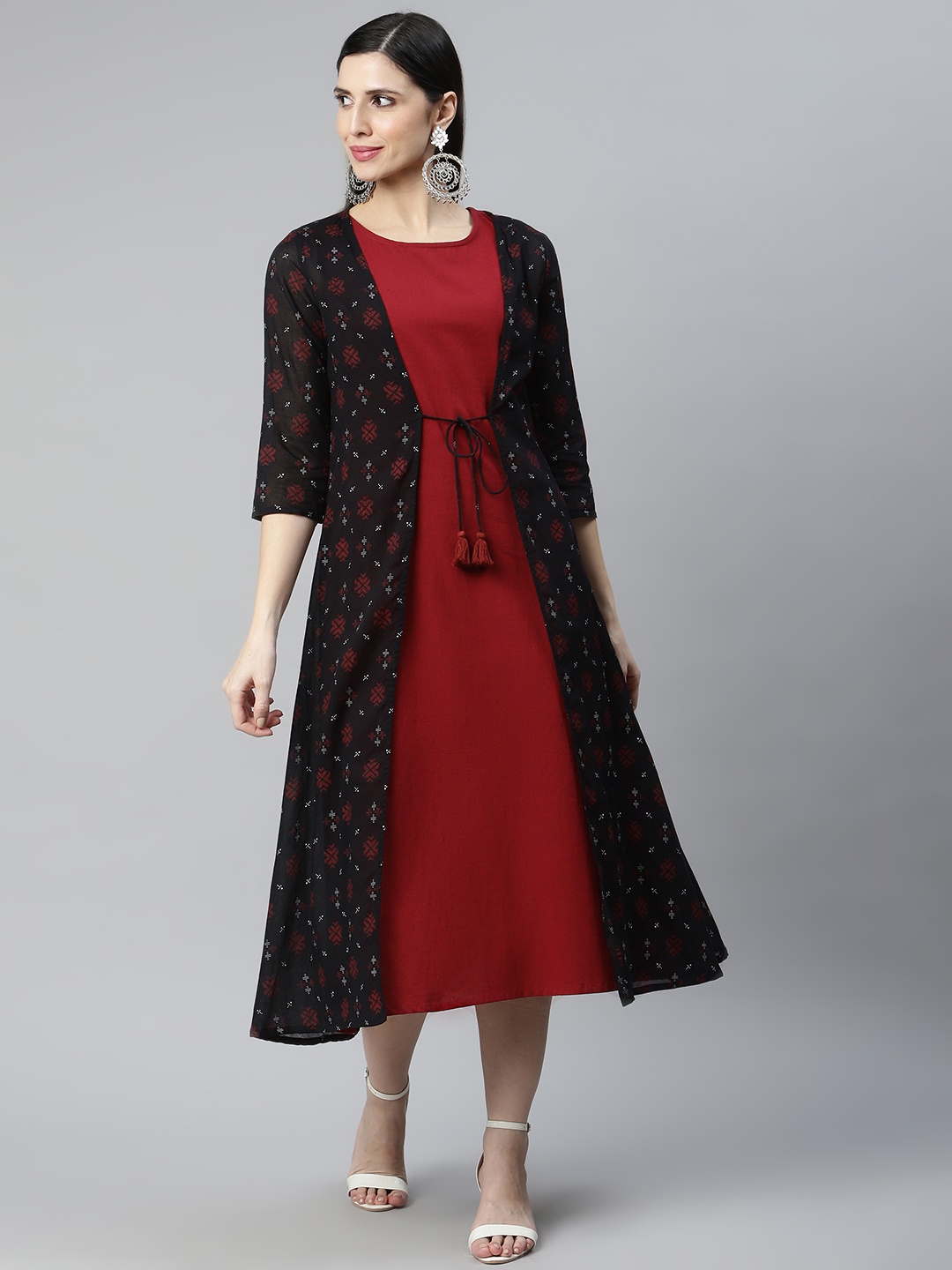 

DESI BEATS Black & Maroon A-Line Cotton Midi Dress