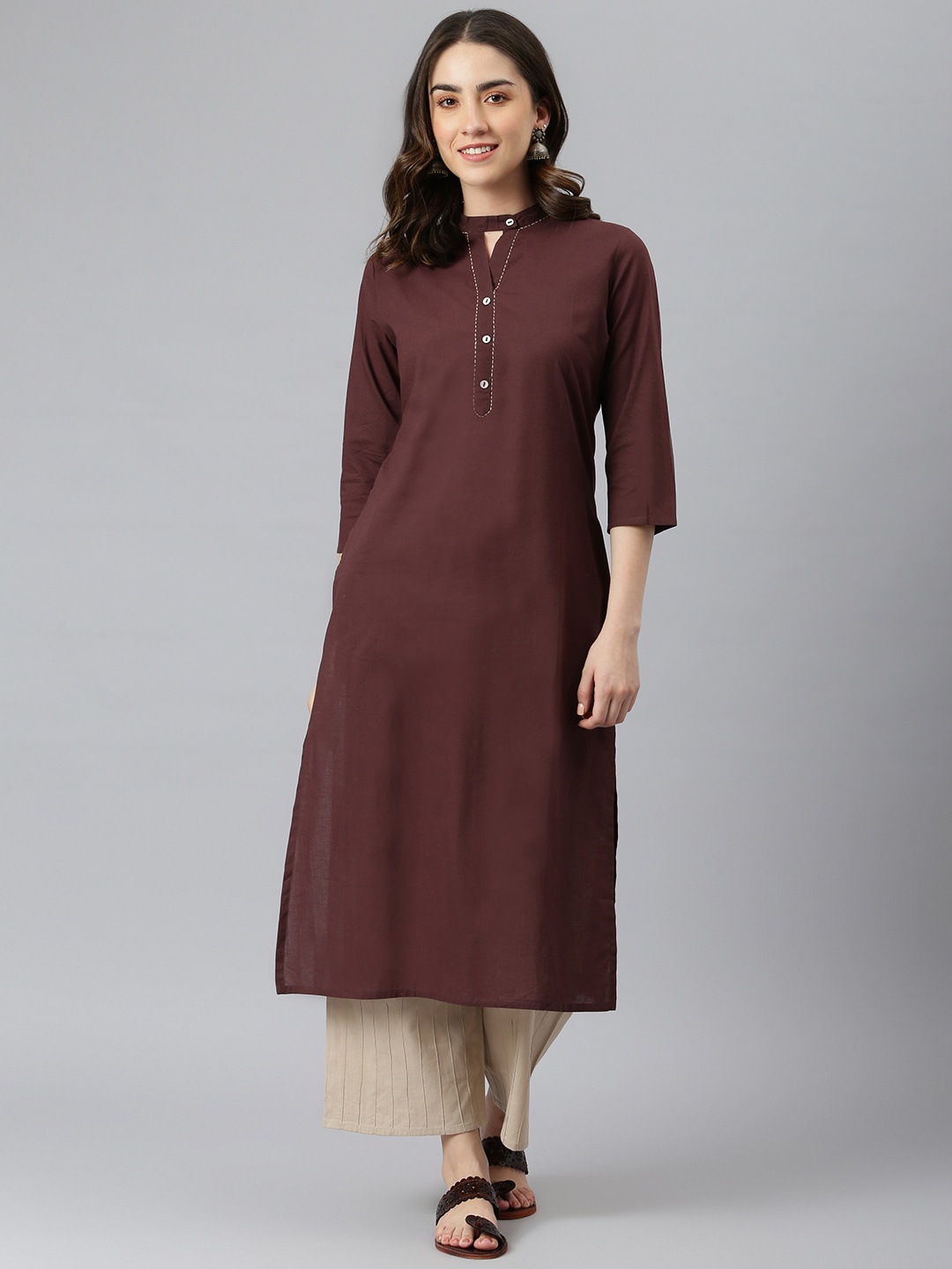 

DESI BEATS Women Brown Band Collar Pure Cotton Kurta