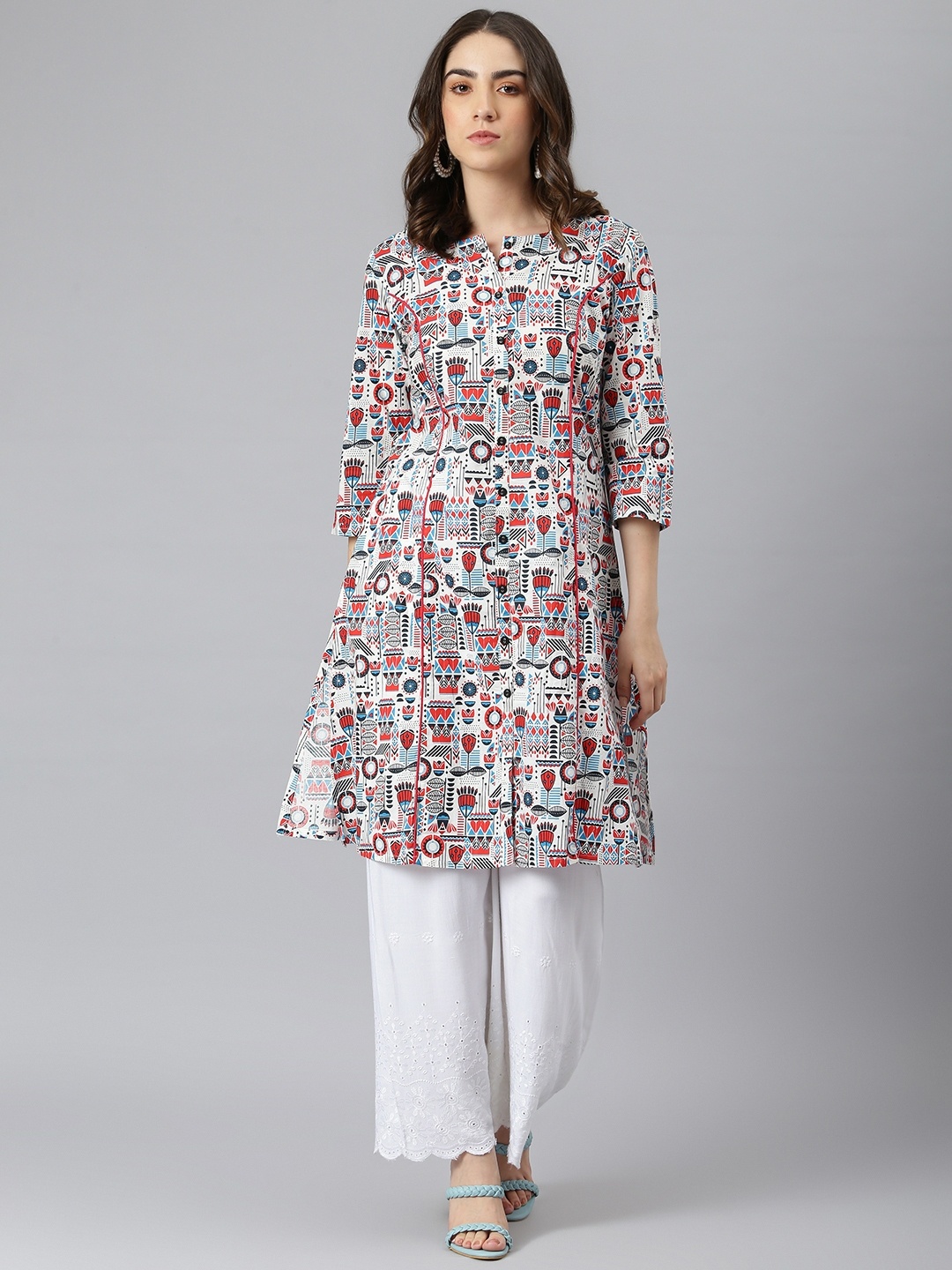 

DESI BEATS Women White & Blue Ethnic Motifs Printed Cotton Kurta