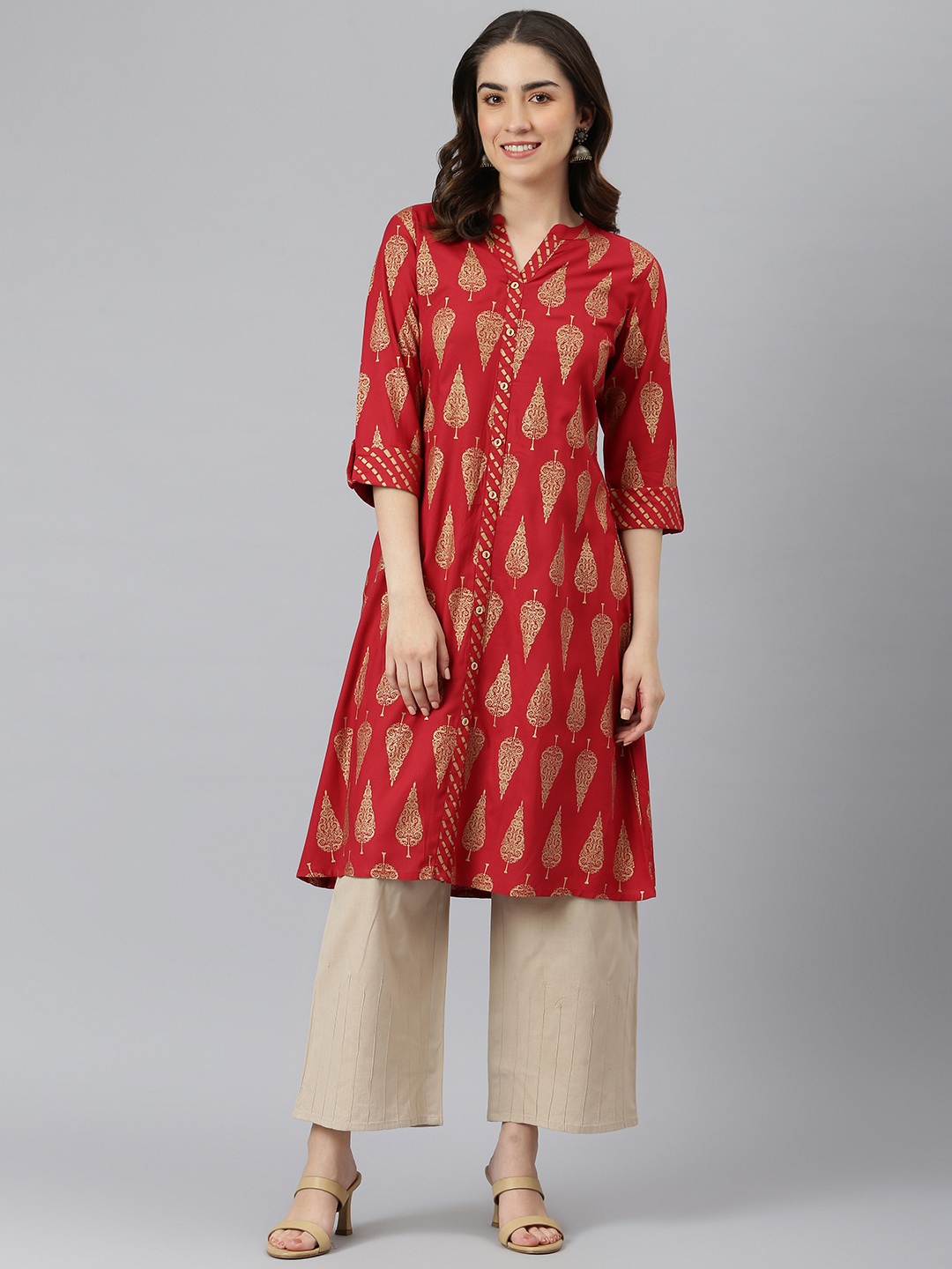 

DESI BEATS Women Red & Golden Ethnic Motifs Printed Kurta
