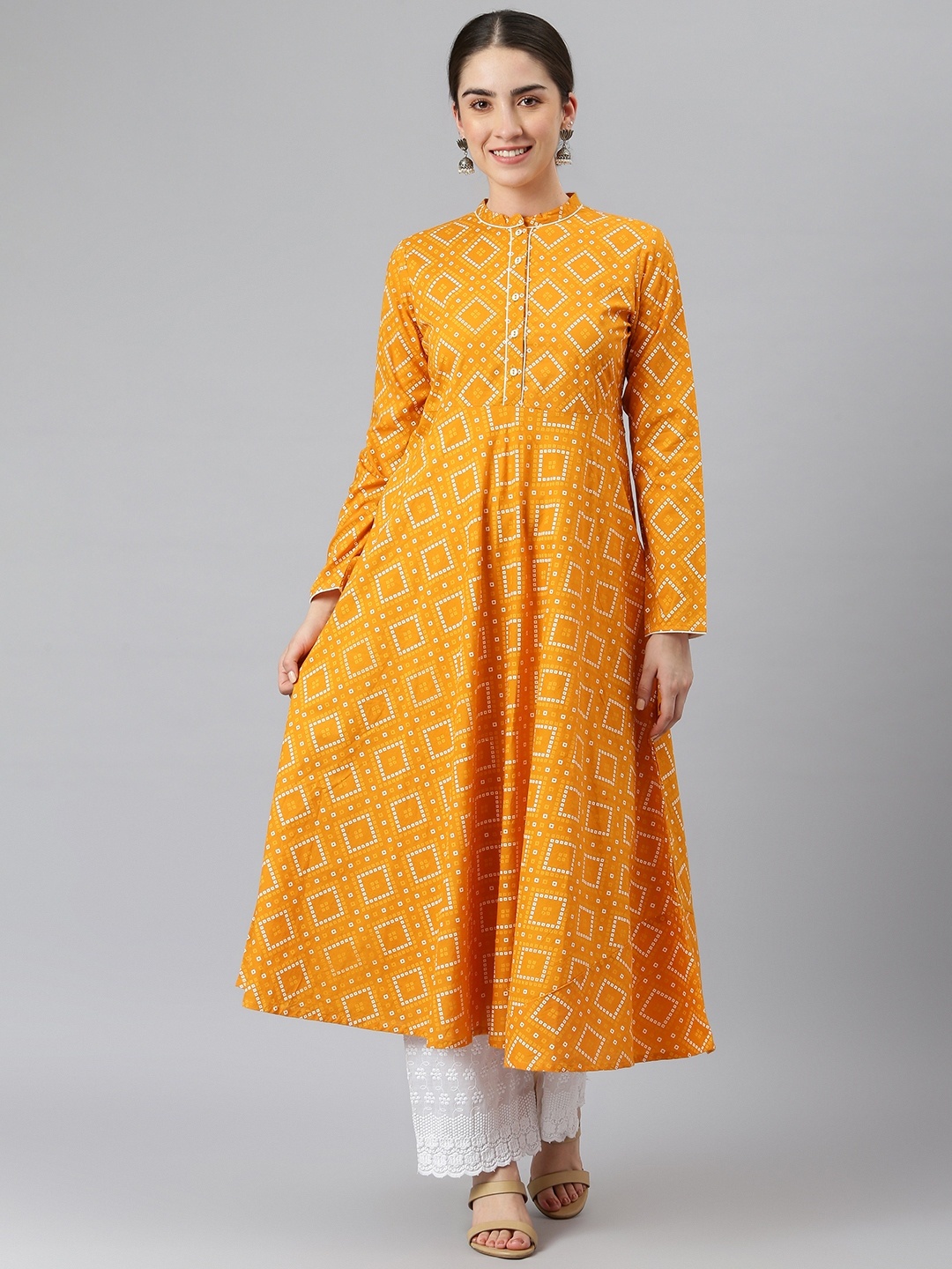 

DESI BEATS Women Mustard Yellow Bandhani Printed Anarkali Kurta