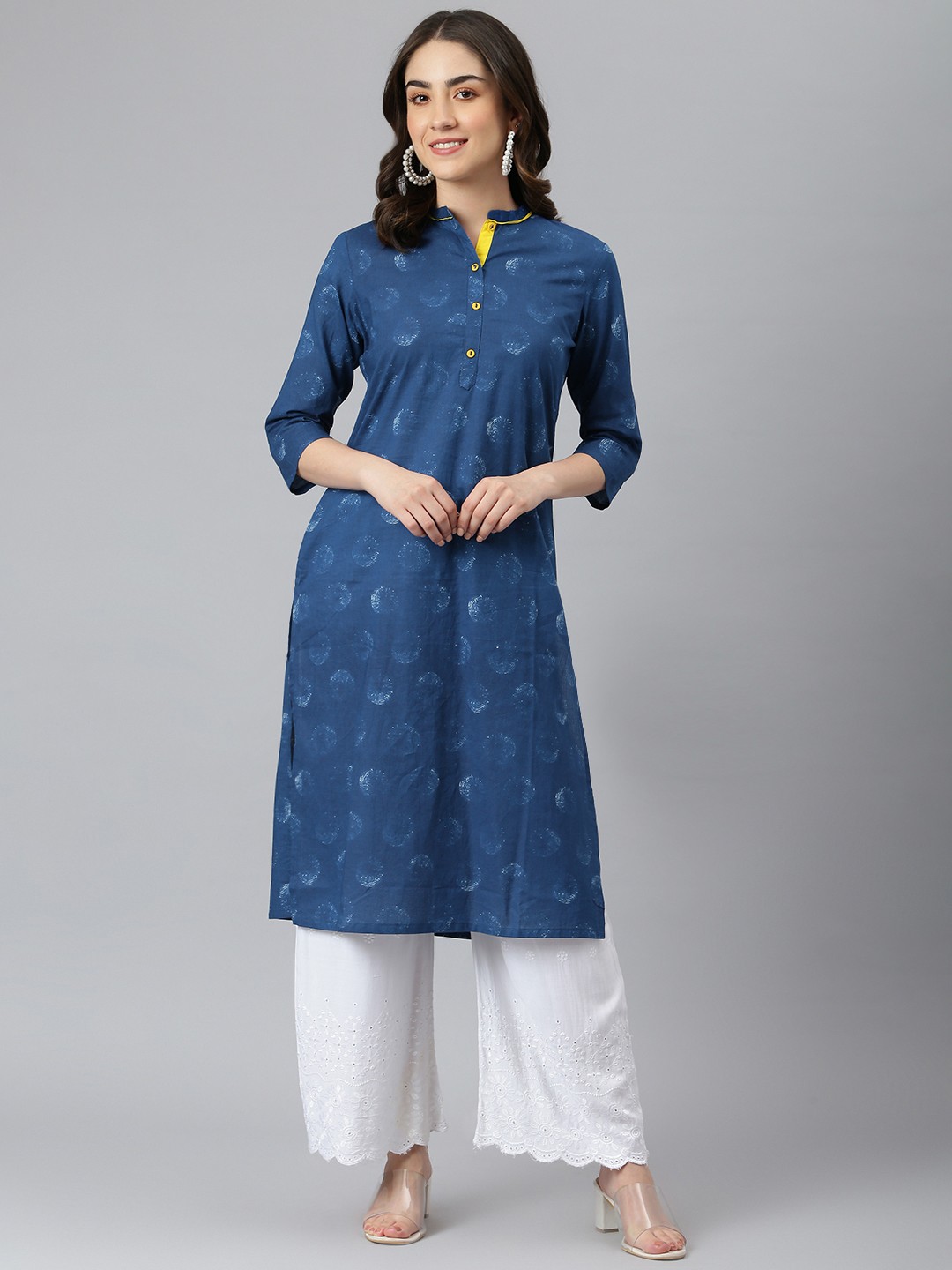 

DESI BEATS Women Navy Blue & White Printed Cotton Kurta