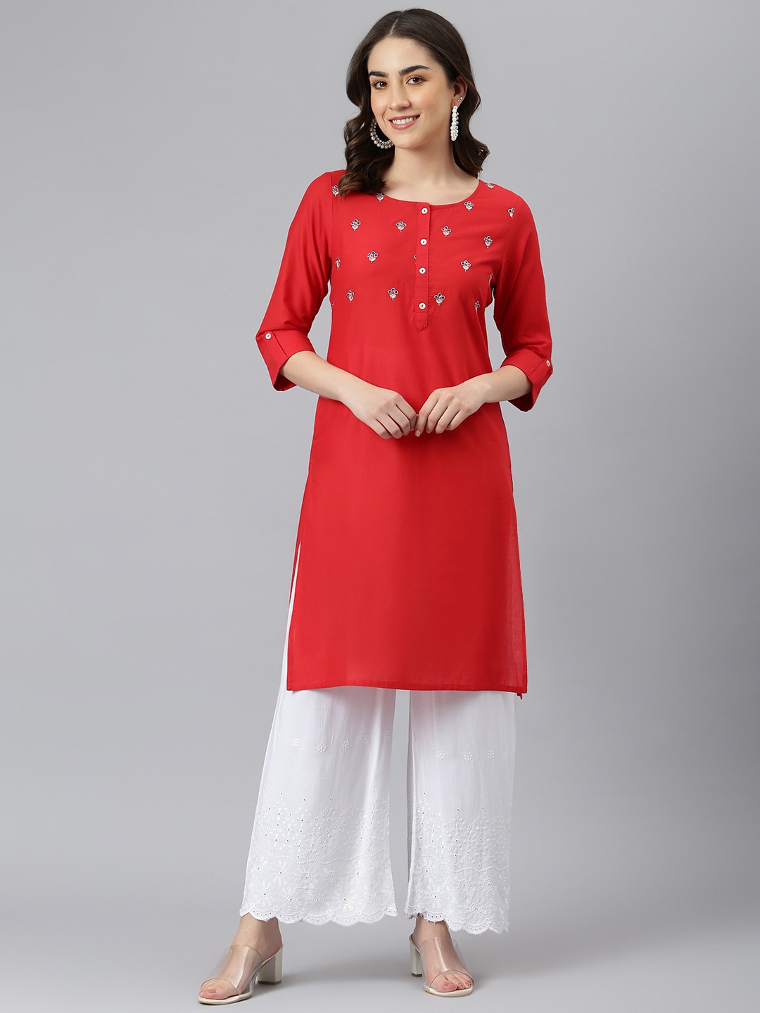 

DESI BEATS Women Red Ethnic Motifs Yoke Design Cotton Kurta