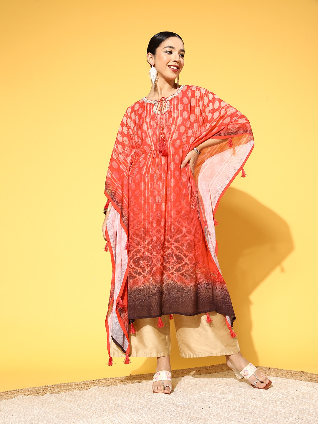 

ZOLA Women Red Geometric Printed Flared Sleeves Kaftan Kurta