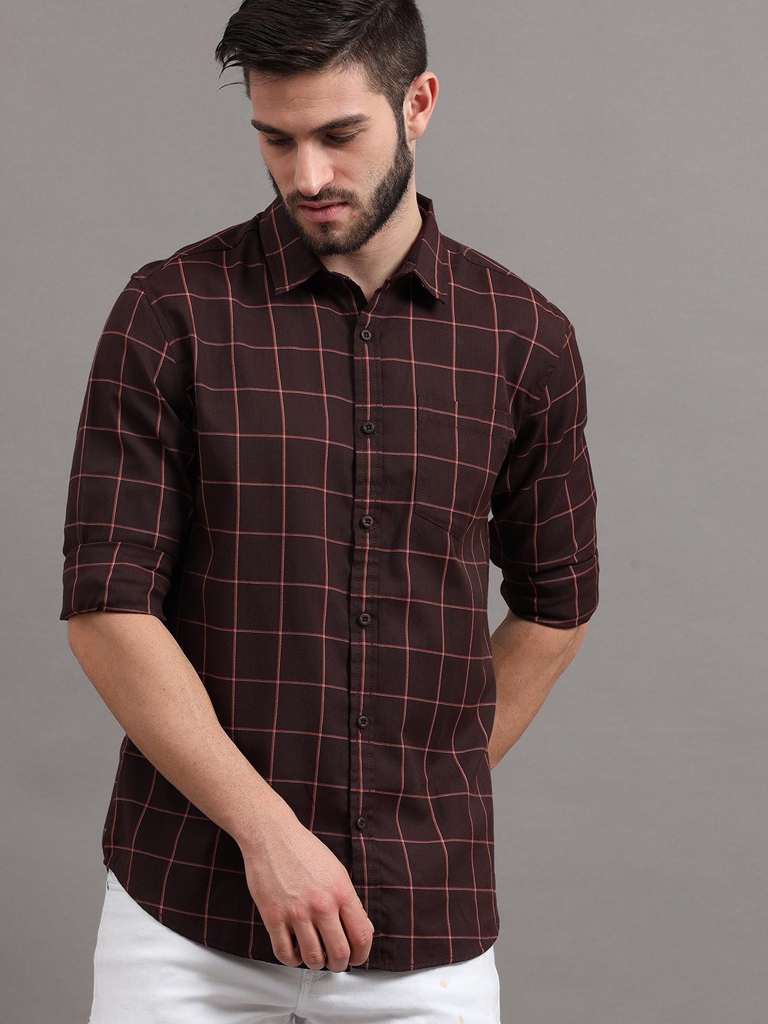 

HERE&NOW Men Coffee Brown Slim Fit Windowpane Checks Checked Casual Shirt