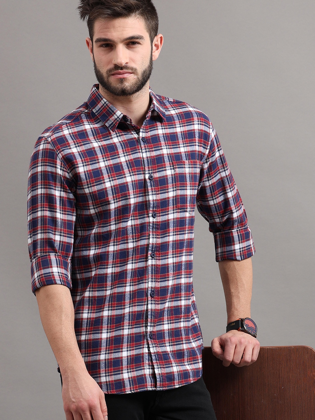 

HERE&NOW Men Purple Slim Fit Tartan Checks Checked Casual Shirt