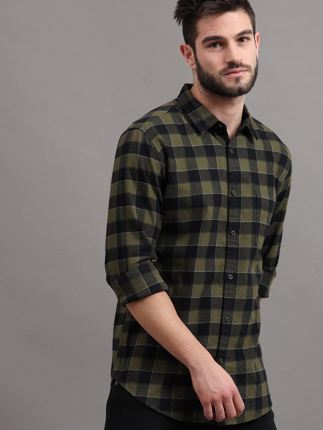 

HERE&NOW Men Olive Green Slim Fit Buffalo Checks Checked Casual Shirt