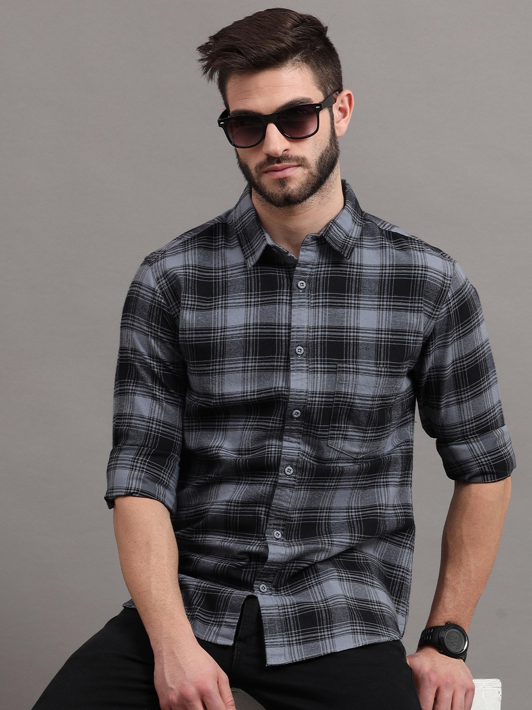 

HERE&NOW Men Grey Slim Fit Tartan Checks Checked Casual Shirt