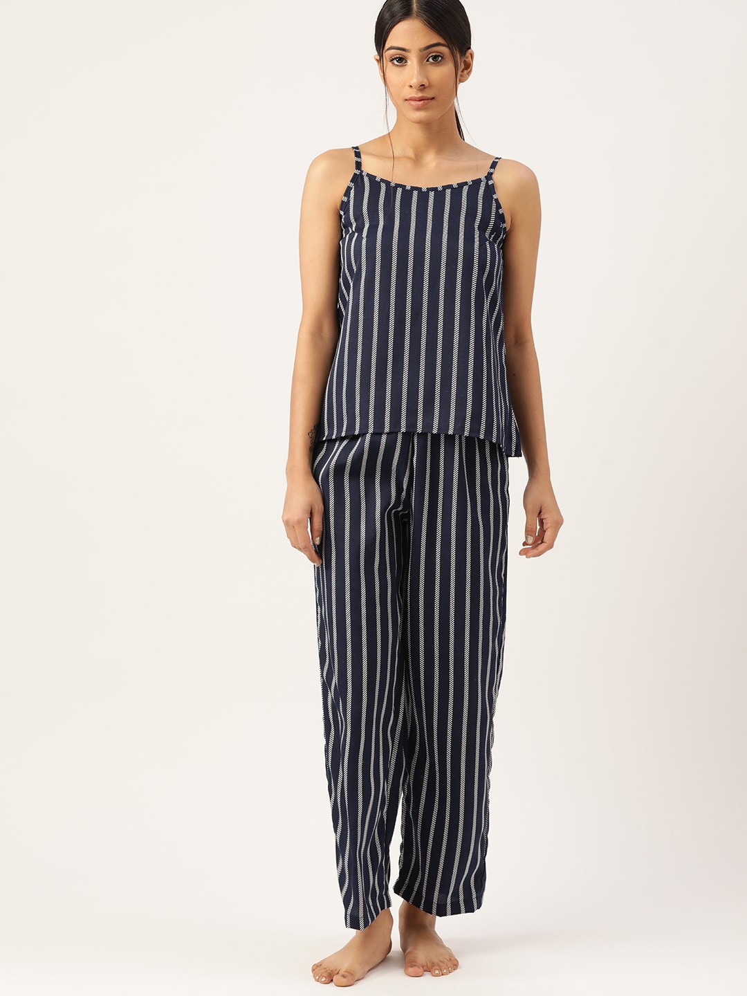 

ETC Women Navy Blue Striped Night suit