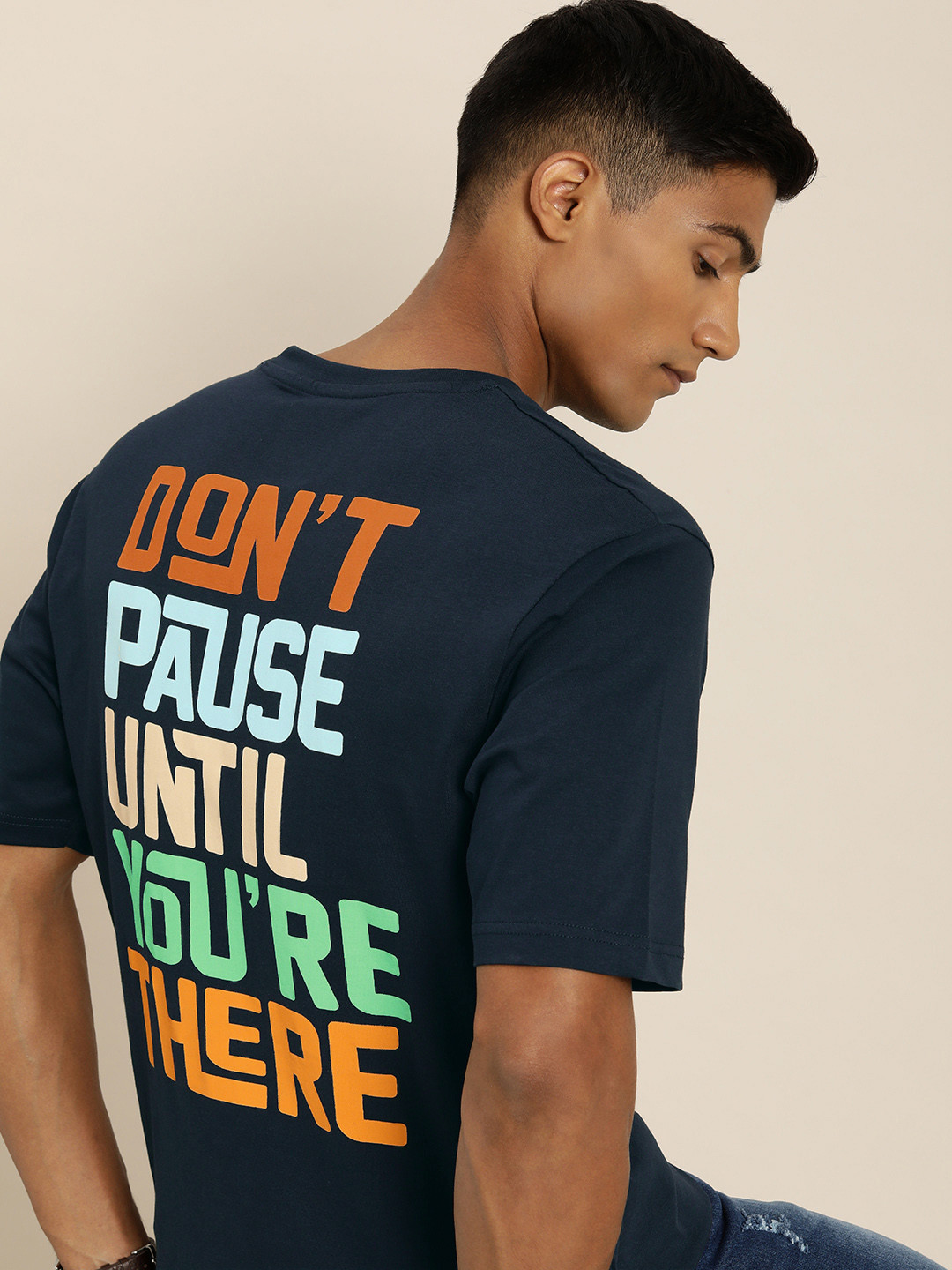 

DILLINGER Men Navy Blue & Orange Back Typography Printed Oversized Cotton T-shirt