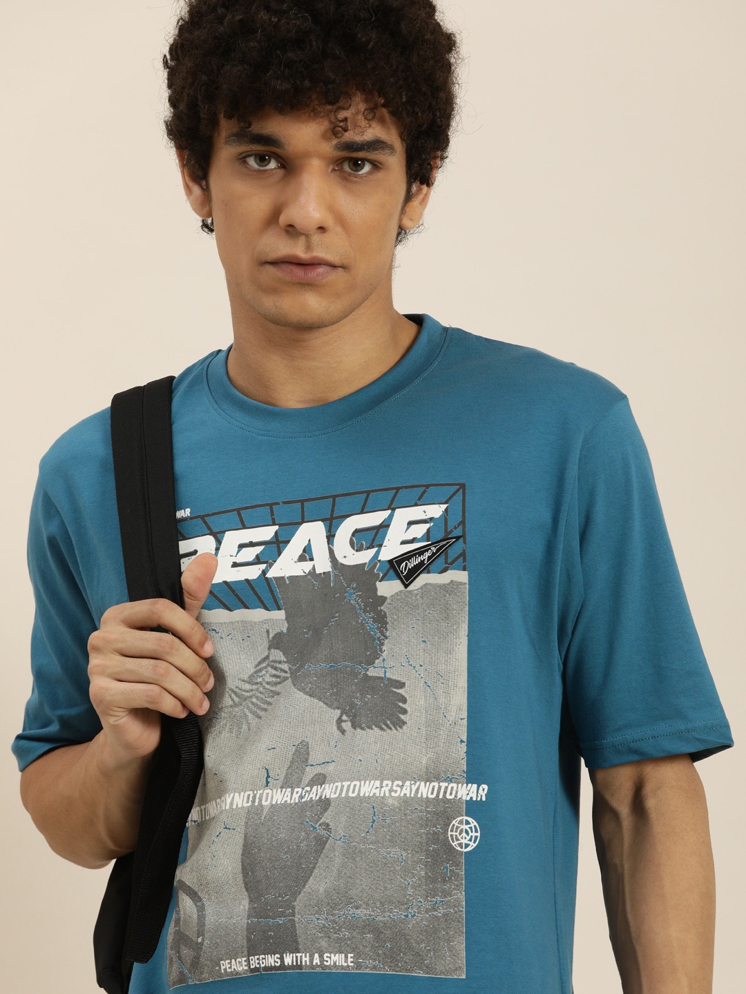 

DILLINGER Men Teal Blue & White Printed Pure Cotton Loose T-shirt
