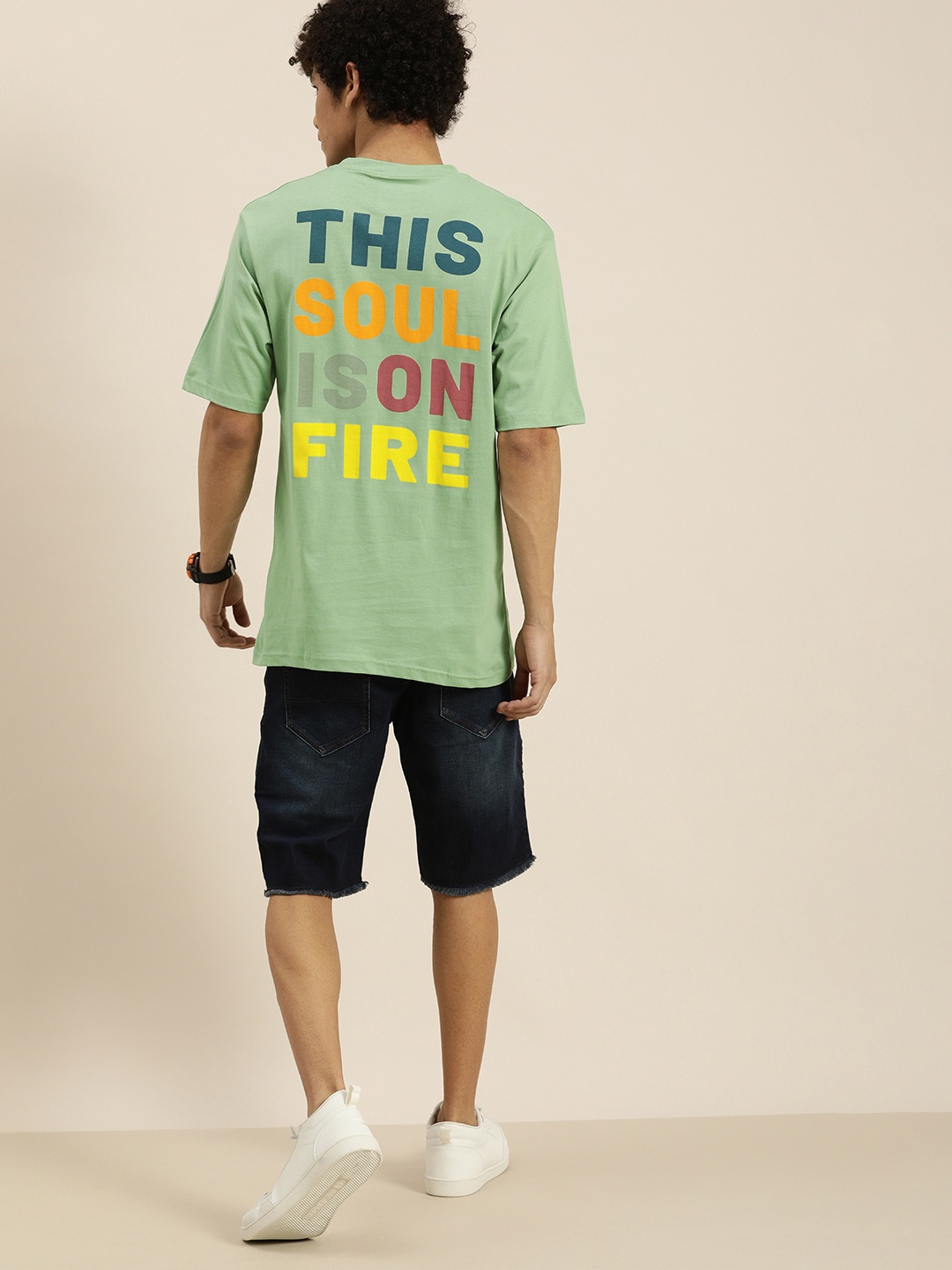 

DILLINGER Men Green & Navy Blue Typography Printed Pure Cotton Oversized T-shirt