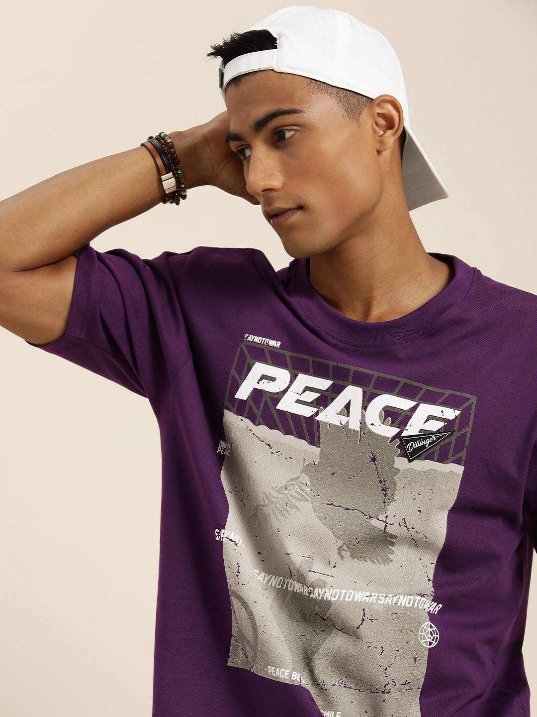

DILLINGER Men Purple & Grey Graphic Printed Cotton Oversized T-shirt