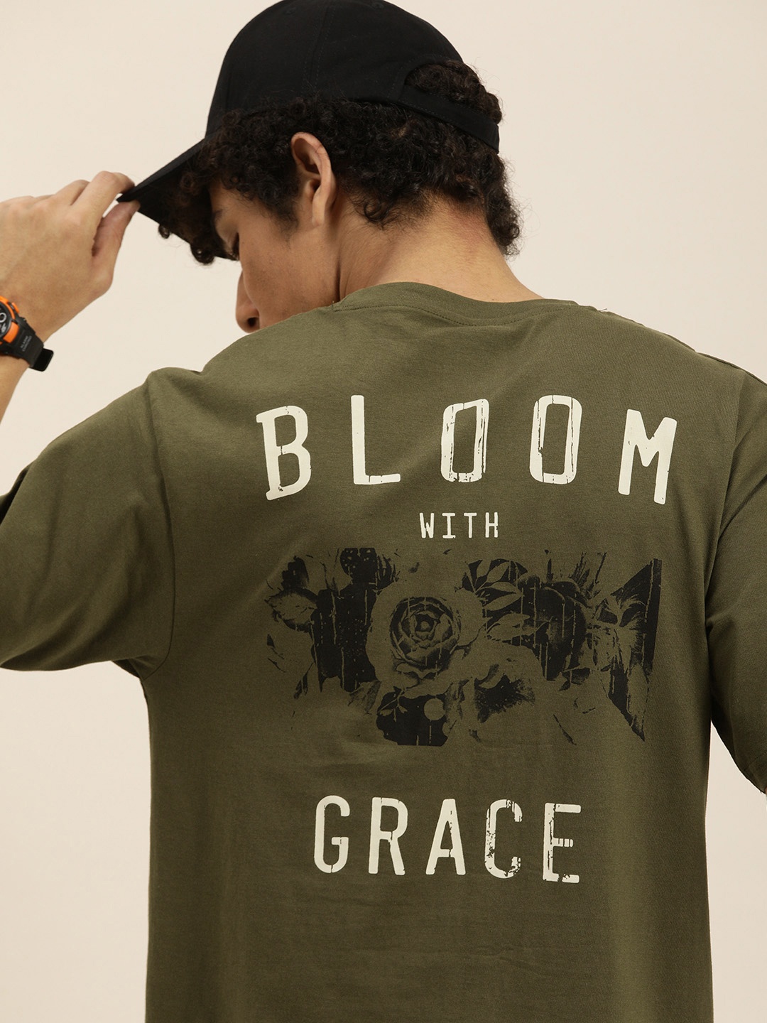 

DILLINGER Men Olive Green & White Typography Printed Oversized T-shirt