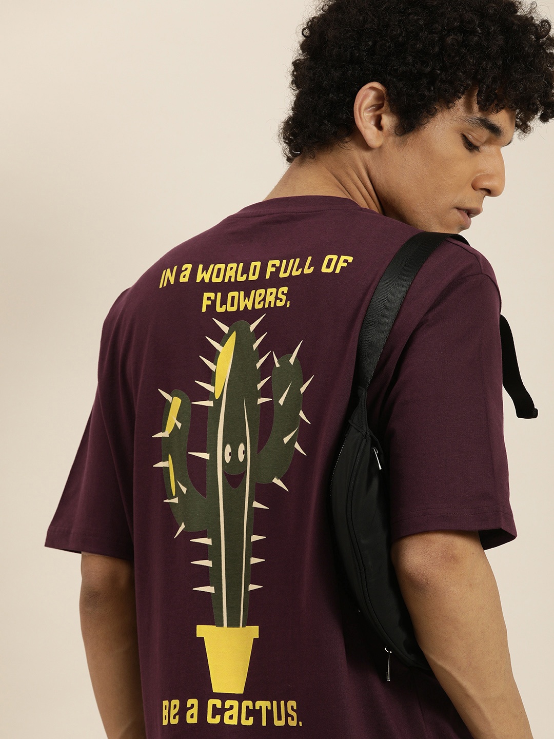 

DILLINGER Men Burgundy & Yellow Printed Pure Cotton Oversized T-shirt