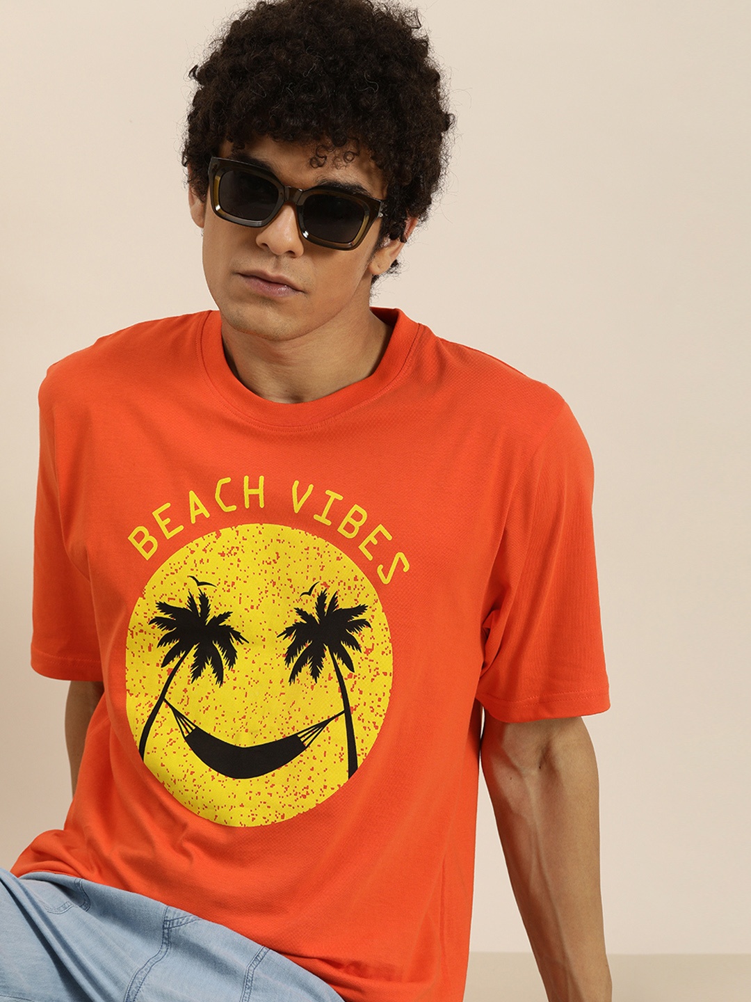 

DILLINGER Men Orange & Mustard Yellow Printed Pure Cotton Oversized T-shirt