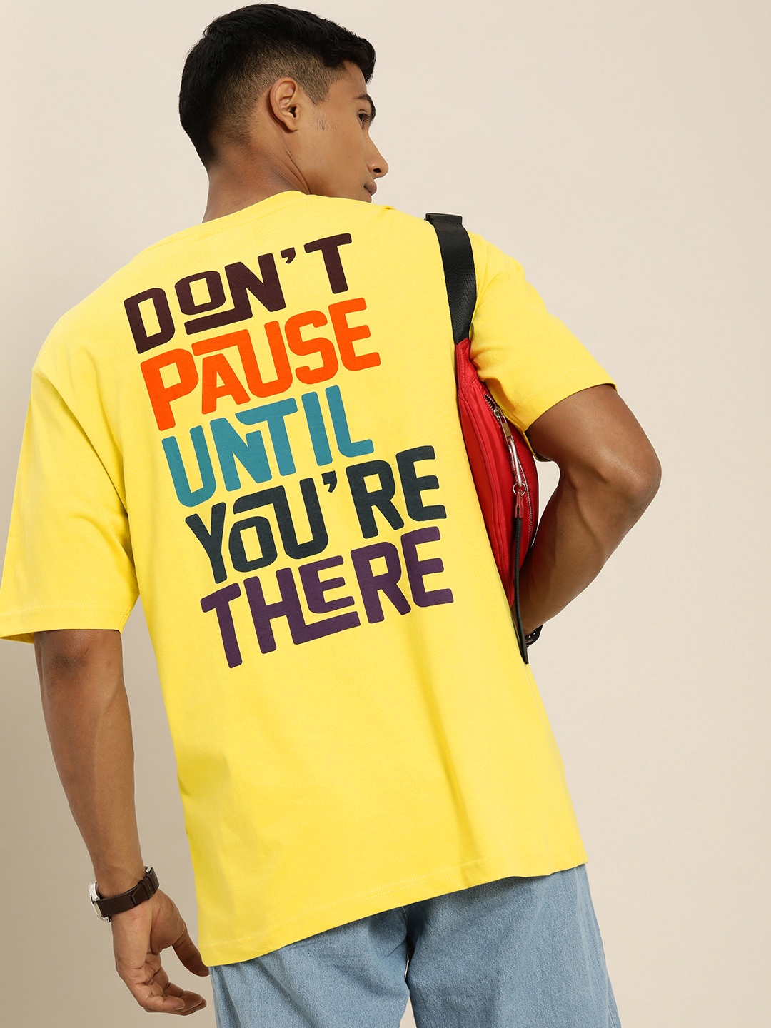 

DILLINGER Men Yellow & Black Back Typography Print Cotton Oversized T-shirt