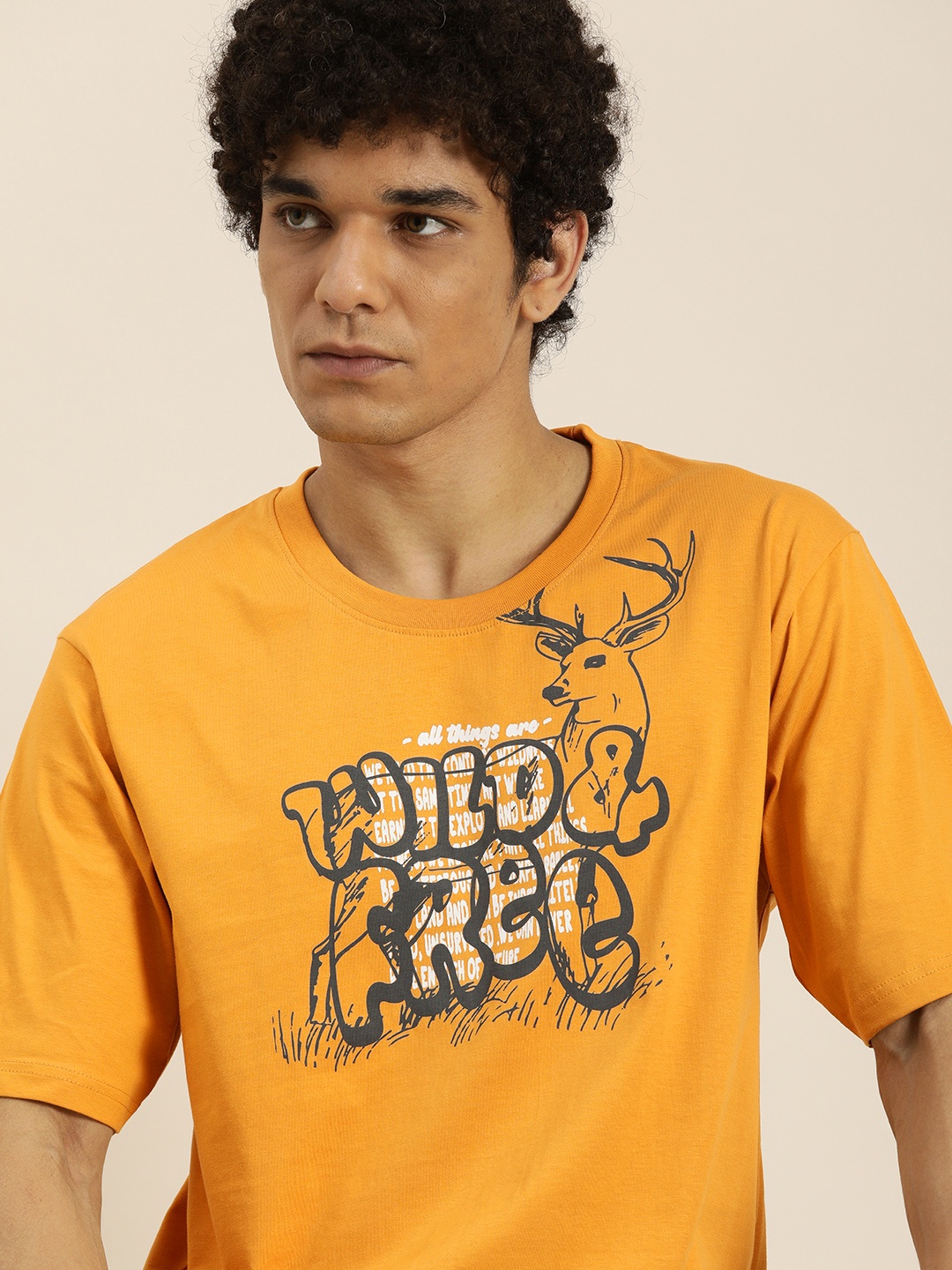 

DILLINGER Men Mustard Yellow & Black Typography Printed Pure Cotton Loose T-shirt