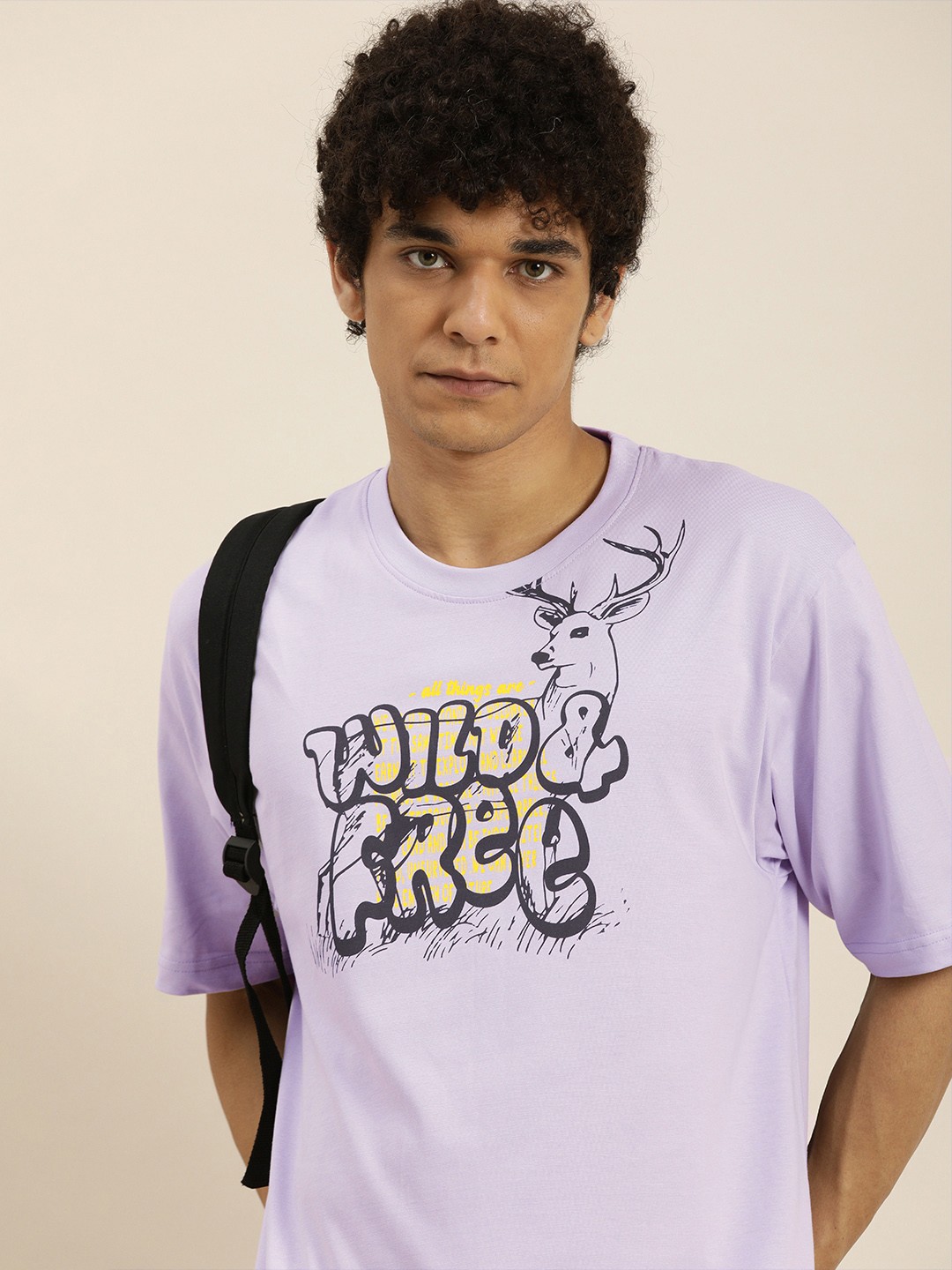 

DILLINGER Men Lavender & Black Typography Printed Pure Cotton Oversized T-shirt