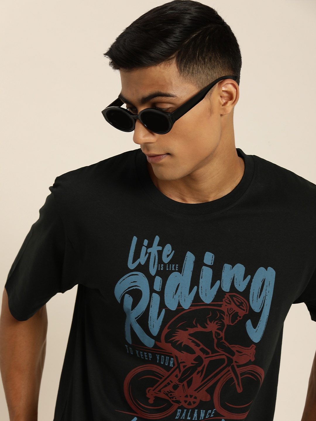 

DILLINGER Men Black & Blue Graphic Printed Oversized Cotton T-shirt