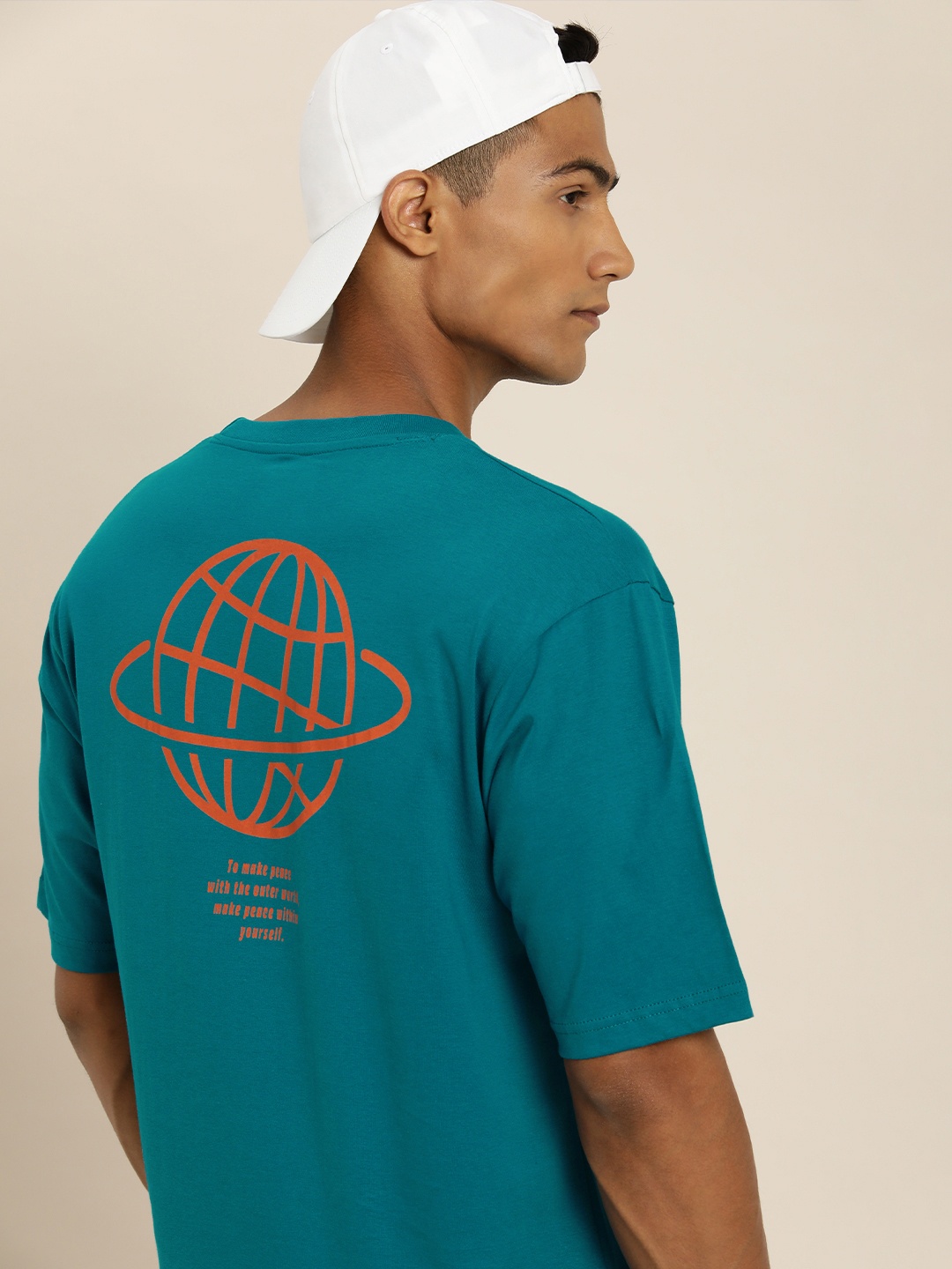 

DILLINGER Men Teal Blue & Orange Graphic Printed Cotton Oversized T-shirt