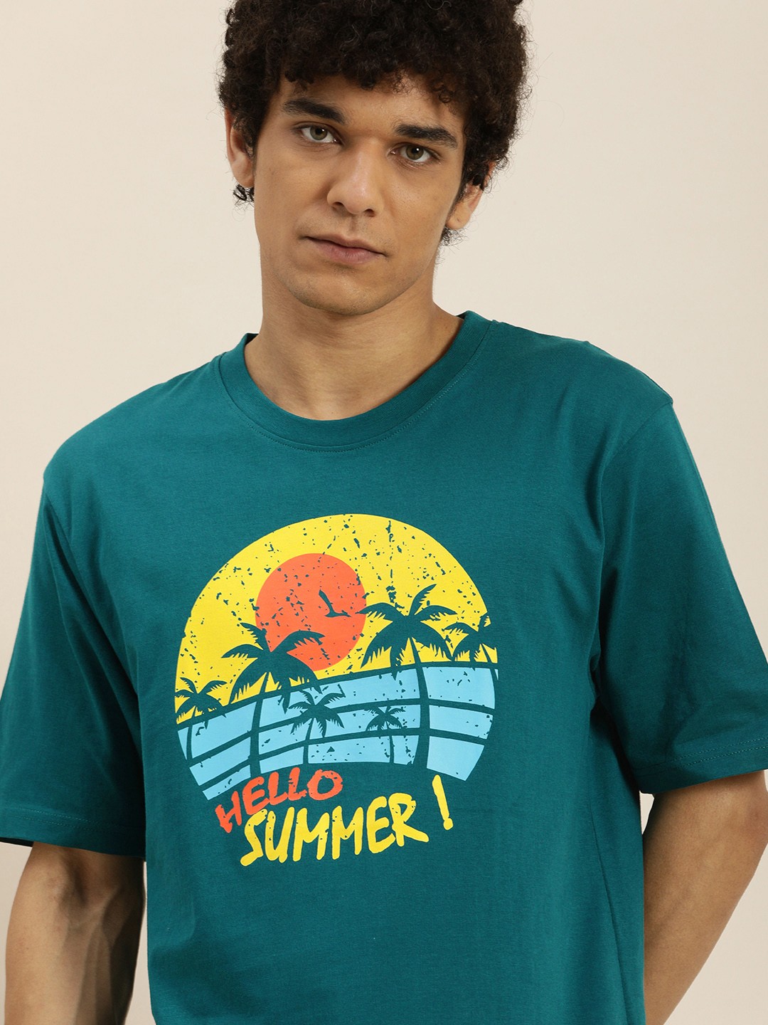 

DILLINGER Men Green & Yellow Printed Pure Cotton Loose T-shirt