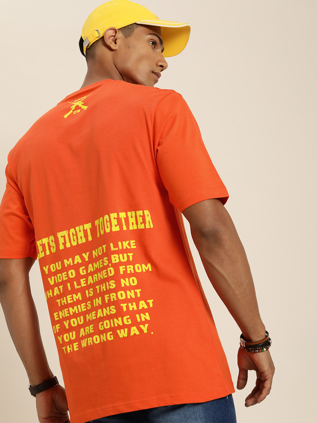 

DILLINGER Men Orange & Yellow Back Typography Printed Cotton Oversized T-shirt