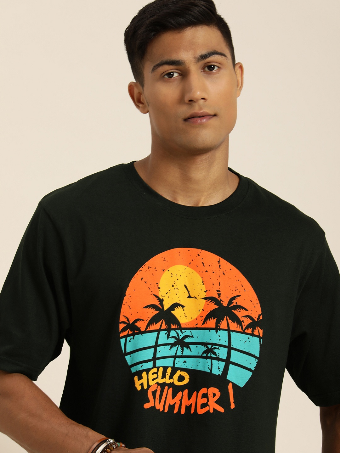 

DILLINGER Men Black & Orange Tropical Printed Oversized Cotton T-shirt