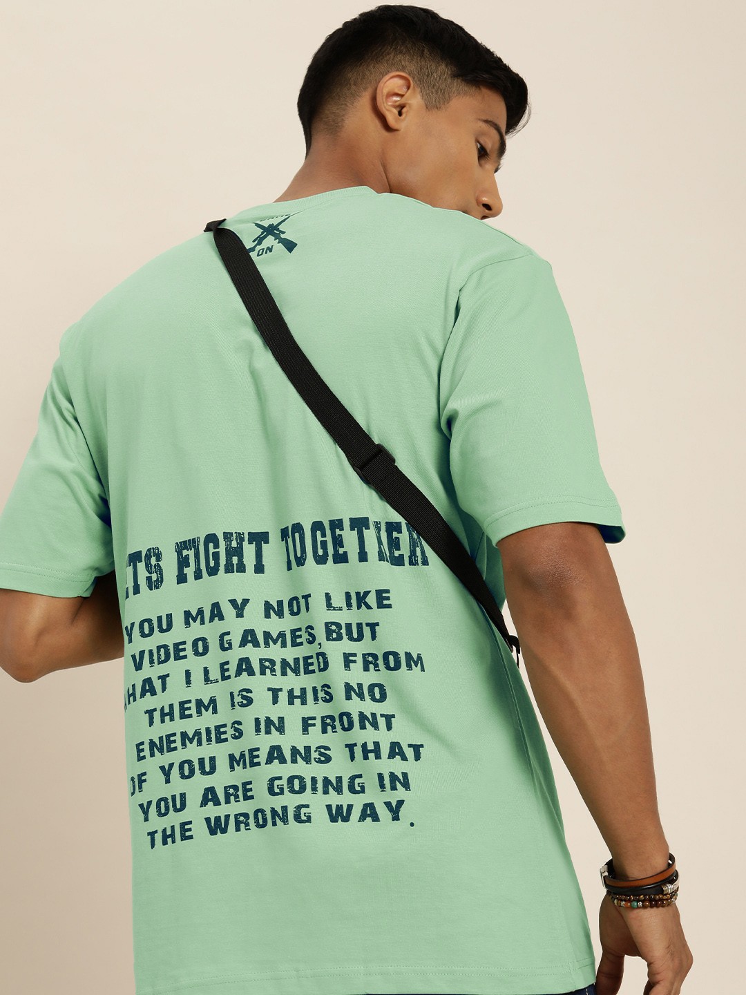 

DILLINGER Men Mint Green & Navy Blue Back Typography Printed Cotton Oversized T-shirt