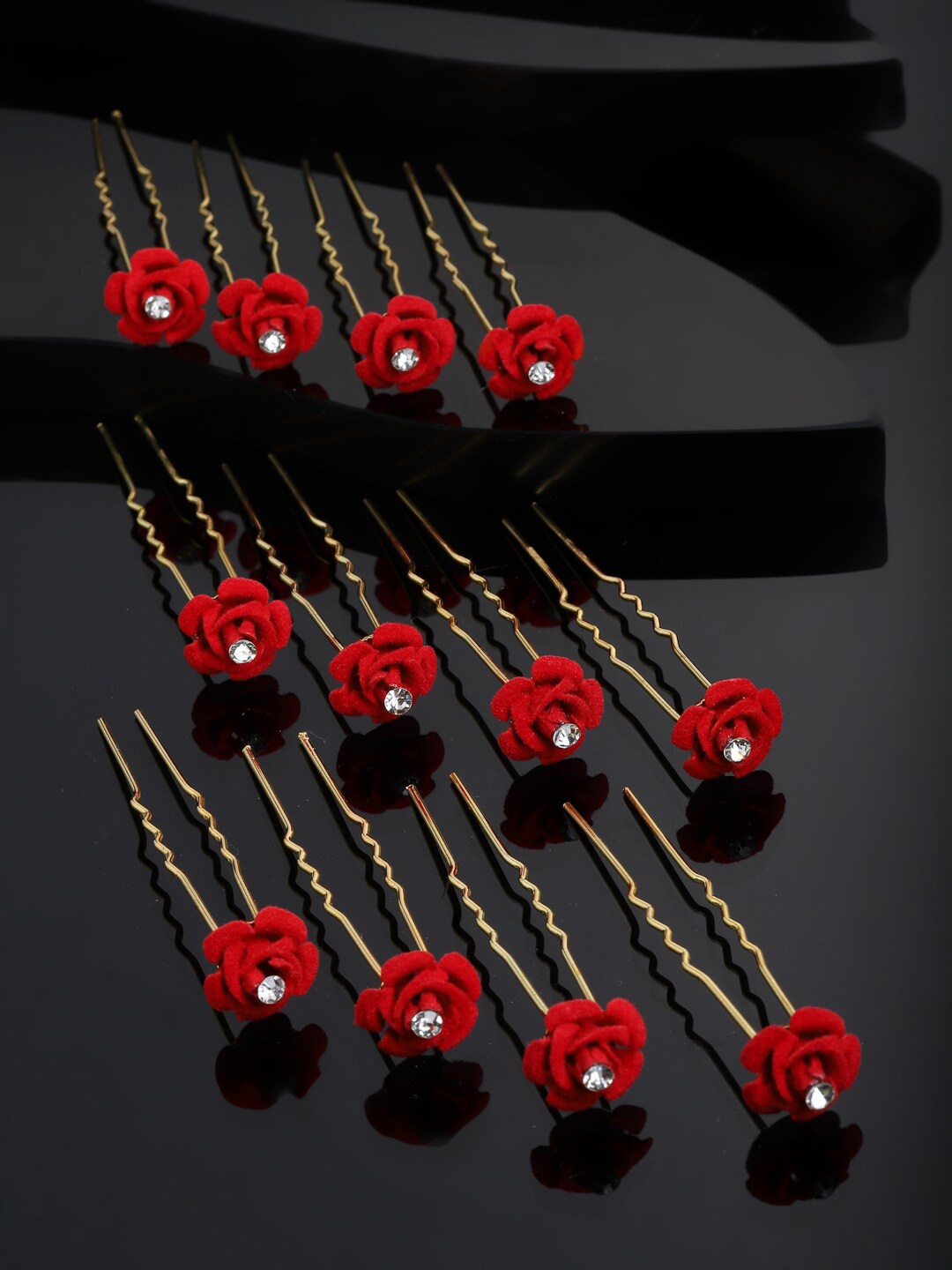 

PANASH Women Gold-Toned & Red Rose Embellished U Pins